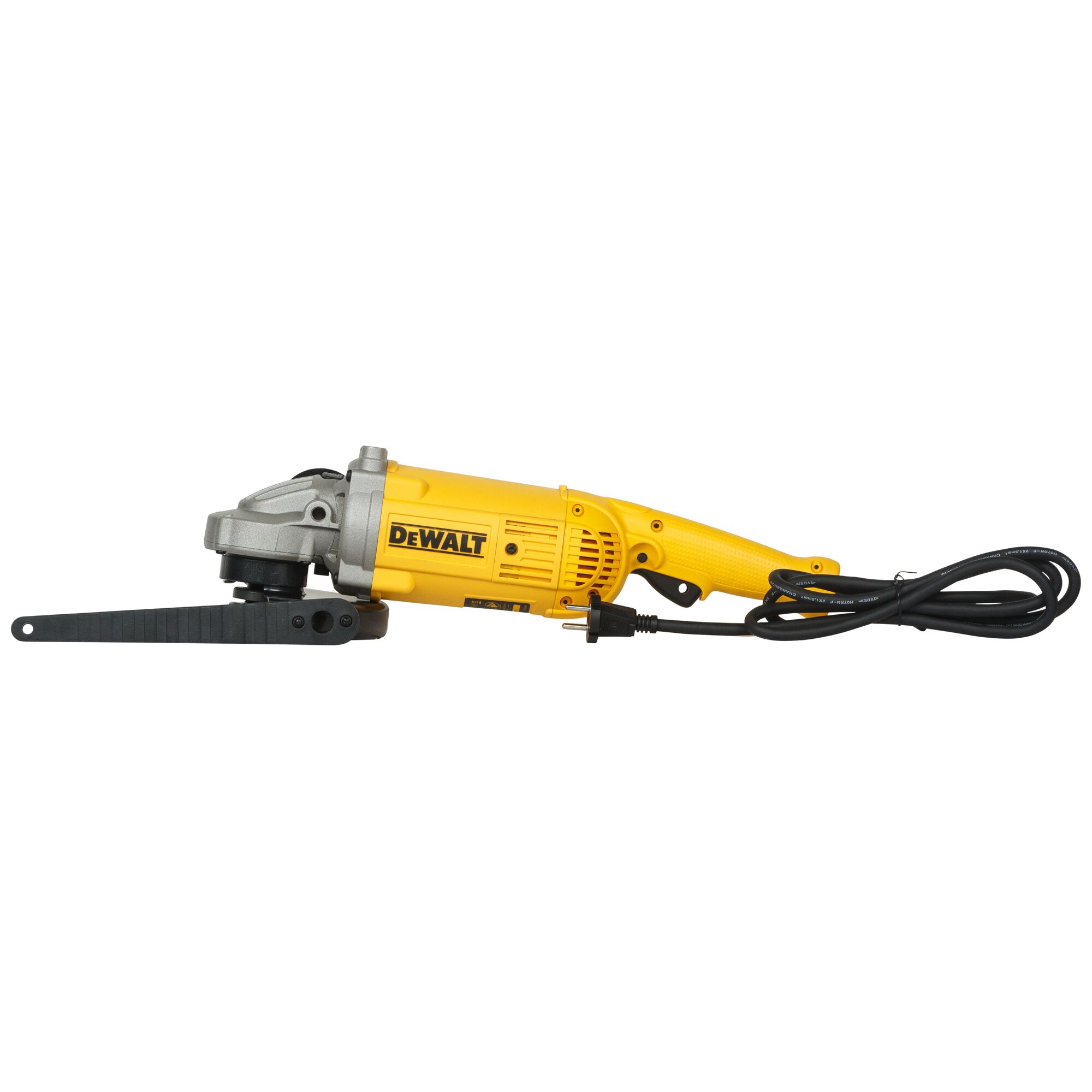 A yellow DEWALT electric power tool, model DWE497, with a black cord and an extended attachment. The tool is shown from the side on a white background.