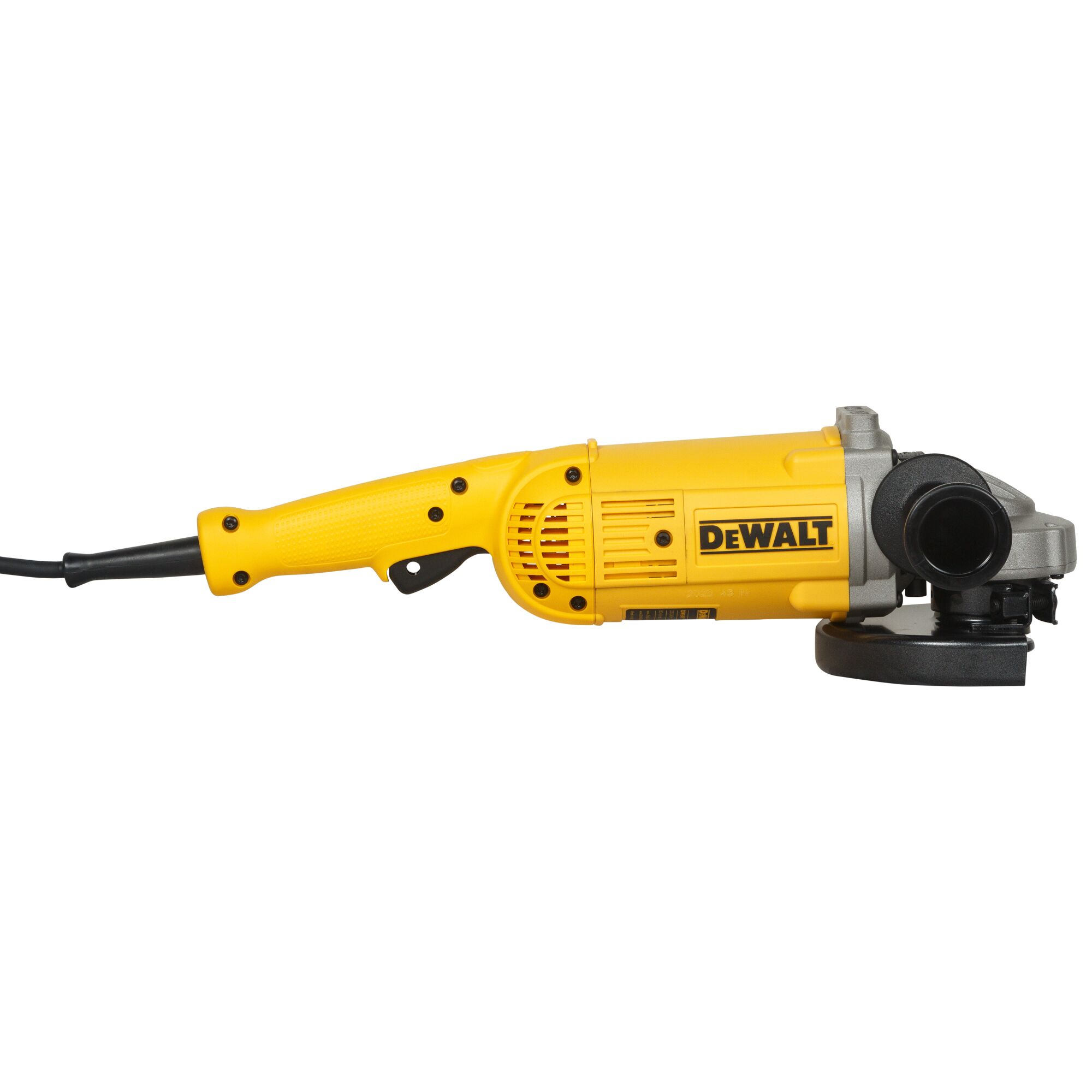 A yellow and black DEWALT electric angle grinder with a side handle, shown from the side against a white background.