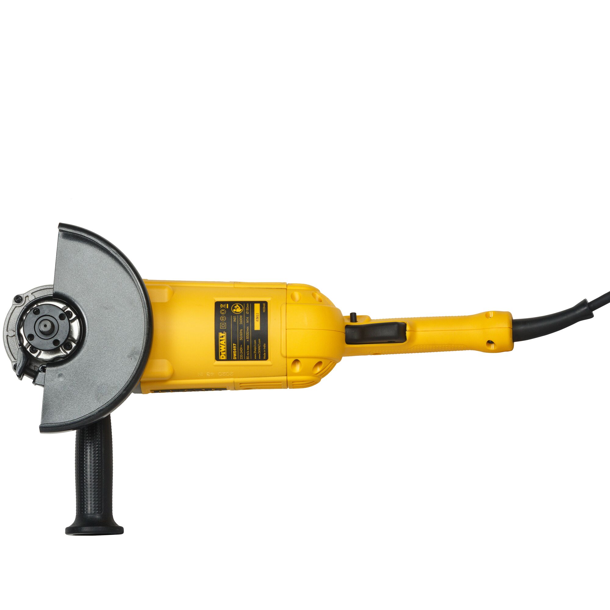 A yellow DEWALT angle grinder power tool with a black handle and protective guard, shown on a white background.