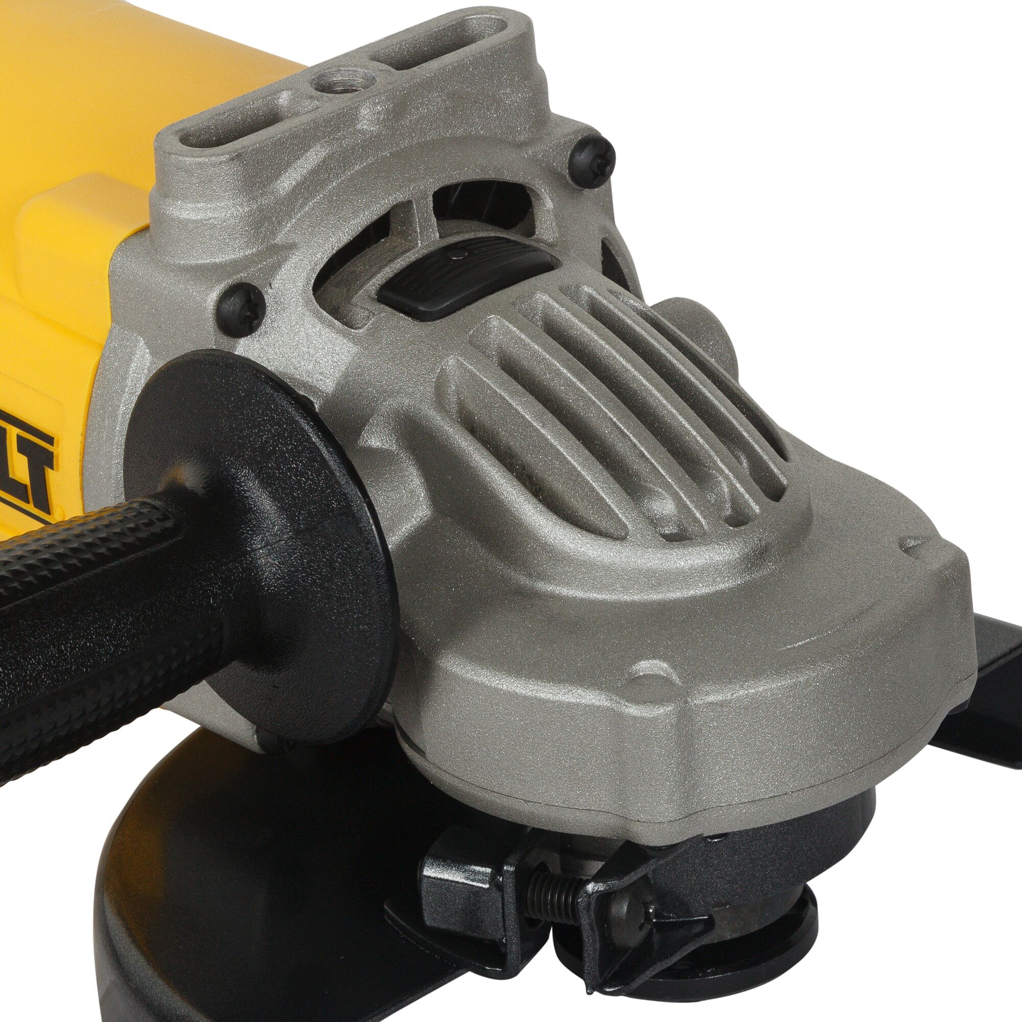 Close-up view of a DEWALT DWE497 angle grinder, showing its metallic body, black handle, and air vents.