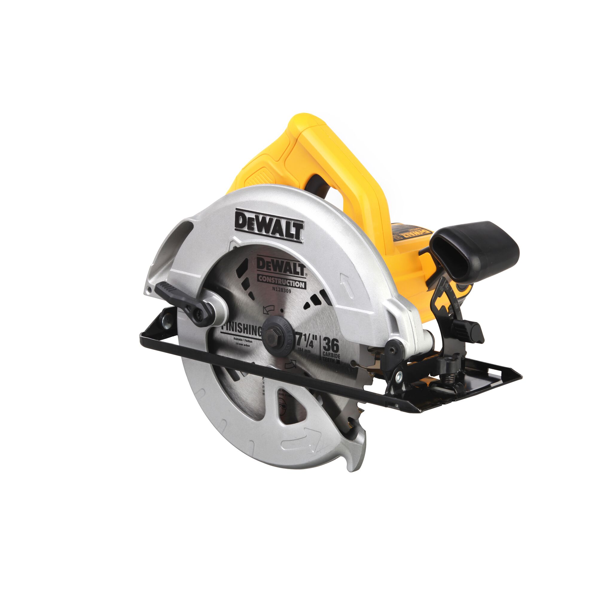 A DEWALT DWE561 circular saw with a yellow handle and silver blade guard, designed for cutting wood and construction materials.