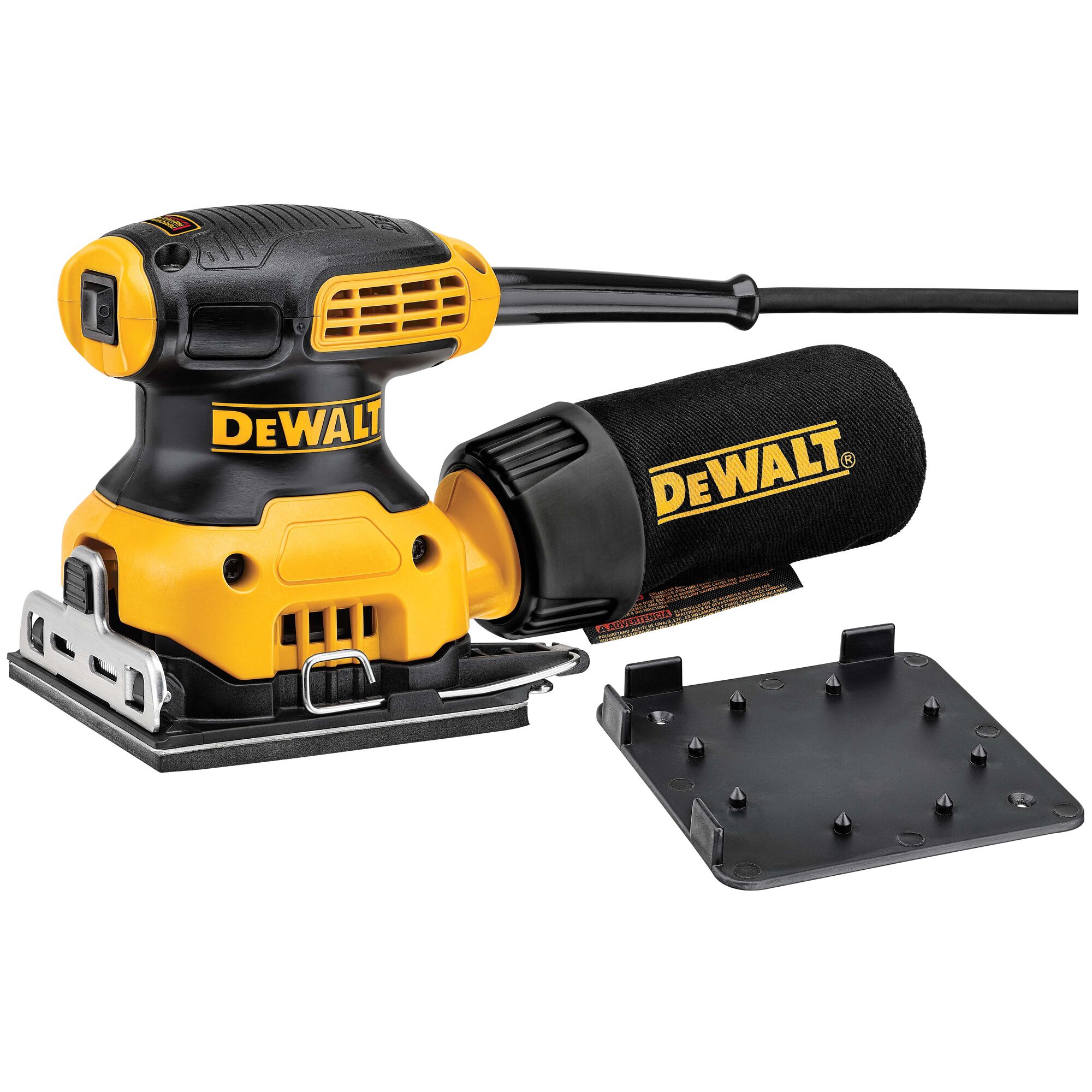 A DEWALT DWE6411 electric sander with a dust collection bag and an additional black plastic pad attachment, shown on a white background.