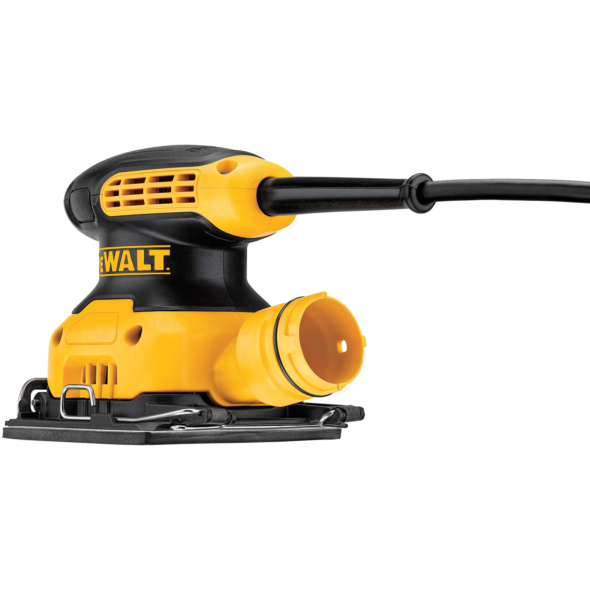 A DEWALT DWE6411 yellow and black electric palm sander with a dust port and power cord attached, shown against a white background.