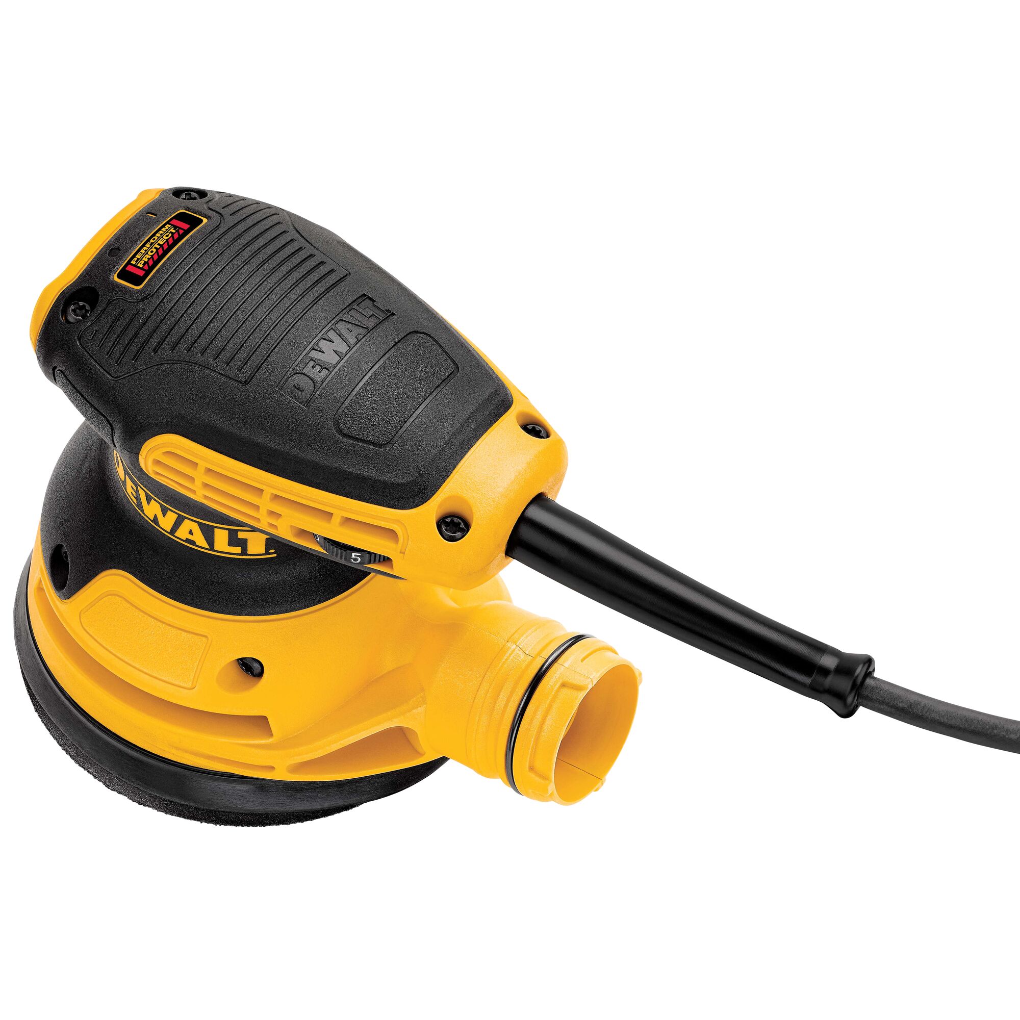 A close-up view of a DEWALT DWE6423 electric orbital sander, featuring a yellow and black design with a power cord attached.