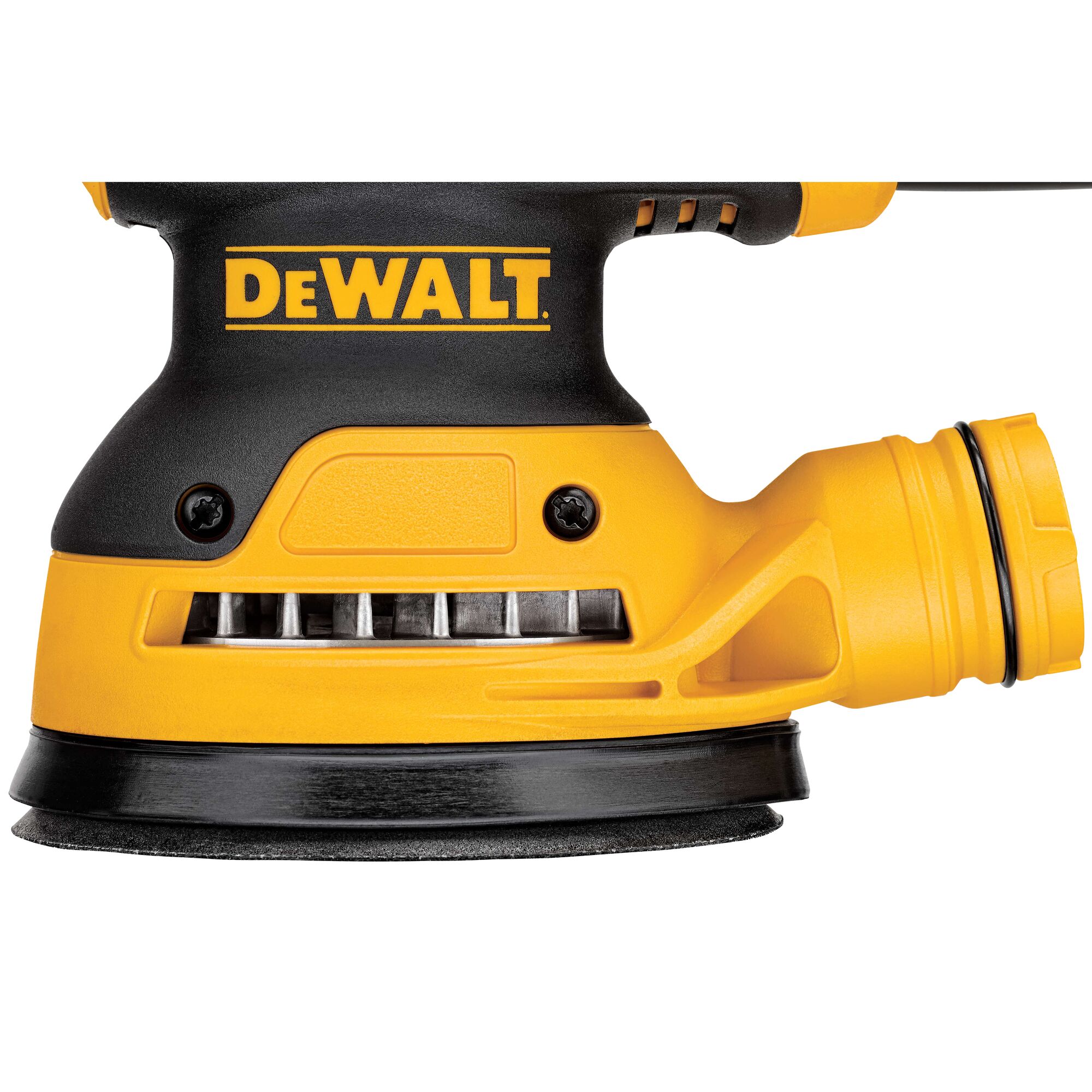 Close-up image of a DEWALT random orbital sander, showing the yellow and black body with the DEWALT logo prominently displayed.