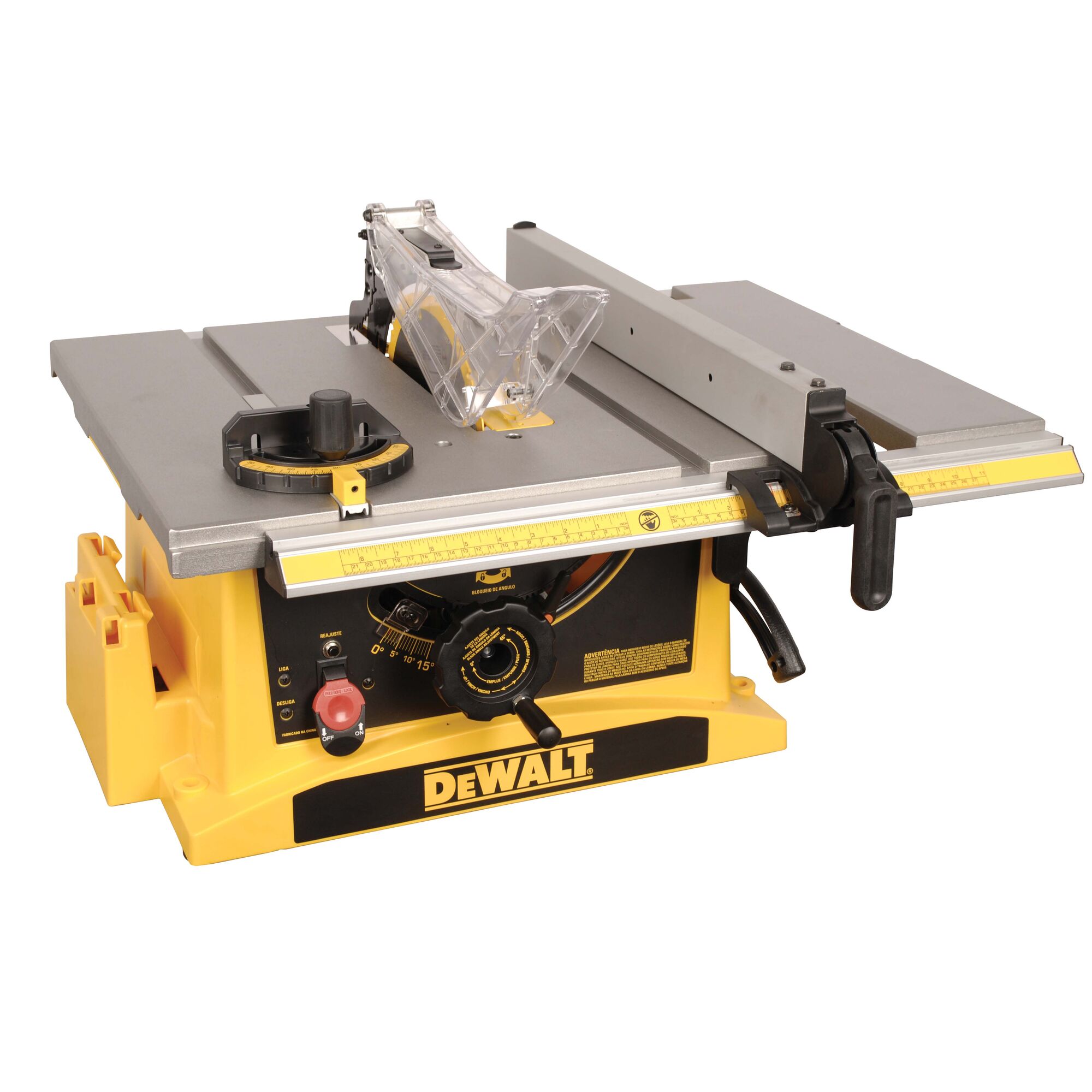 A DEWALT branded table saw with a yellow and black base, metal table surface, rip fence, and an adjustable blade guard. The saw has control knobs and measurement markings on the front.