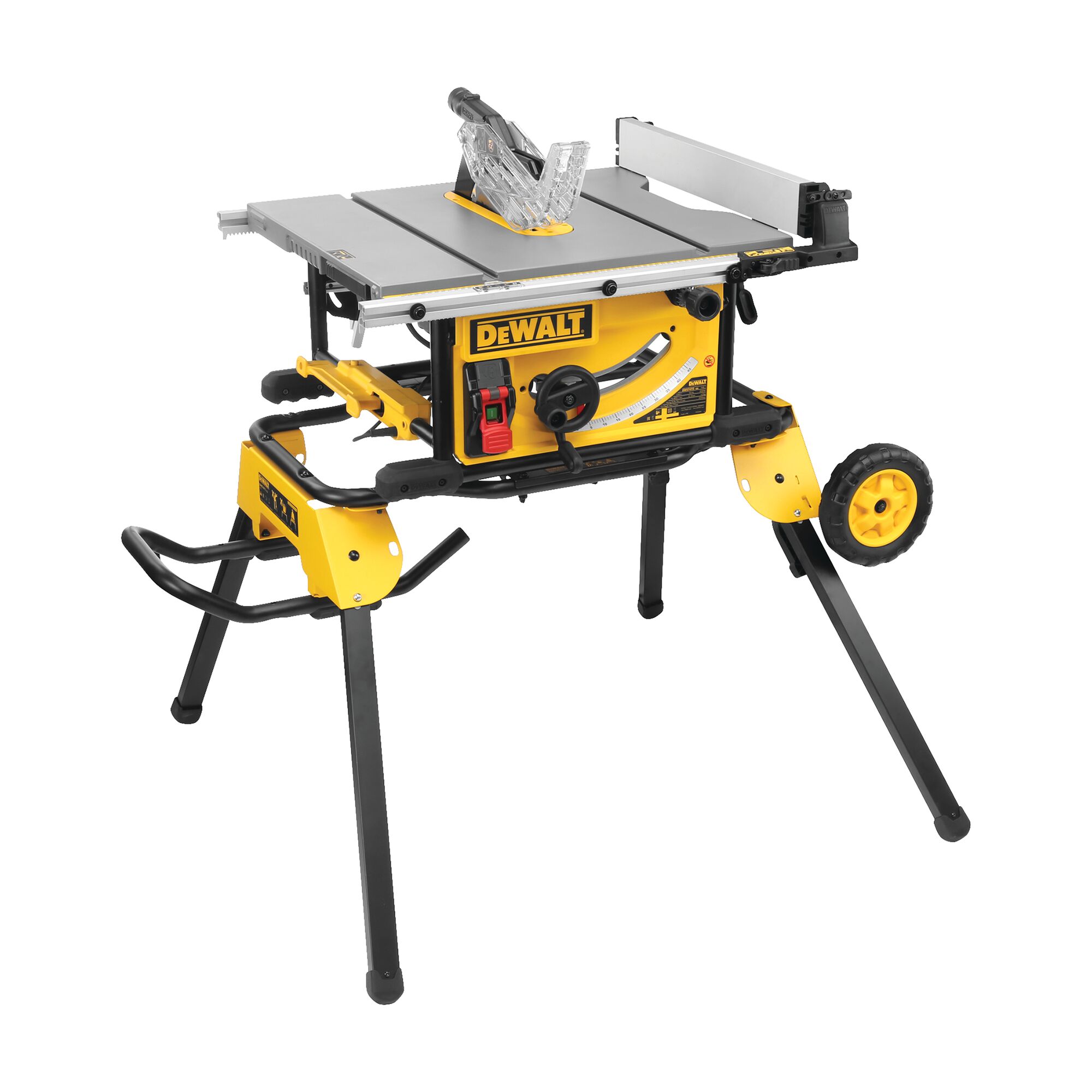 DEWALT portable table saw with yellow and black casing, standing on four legs with wheels for easy mobility. The saw features a silver work surface, blade guard, and adjustable fence.