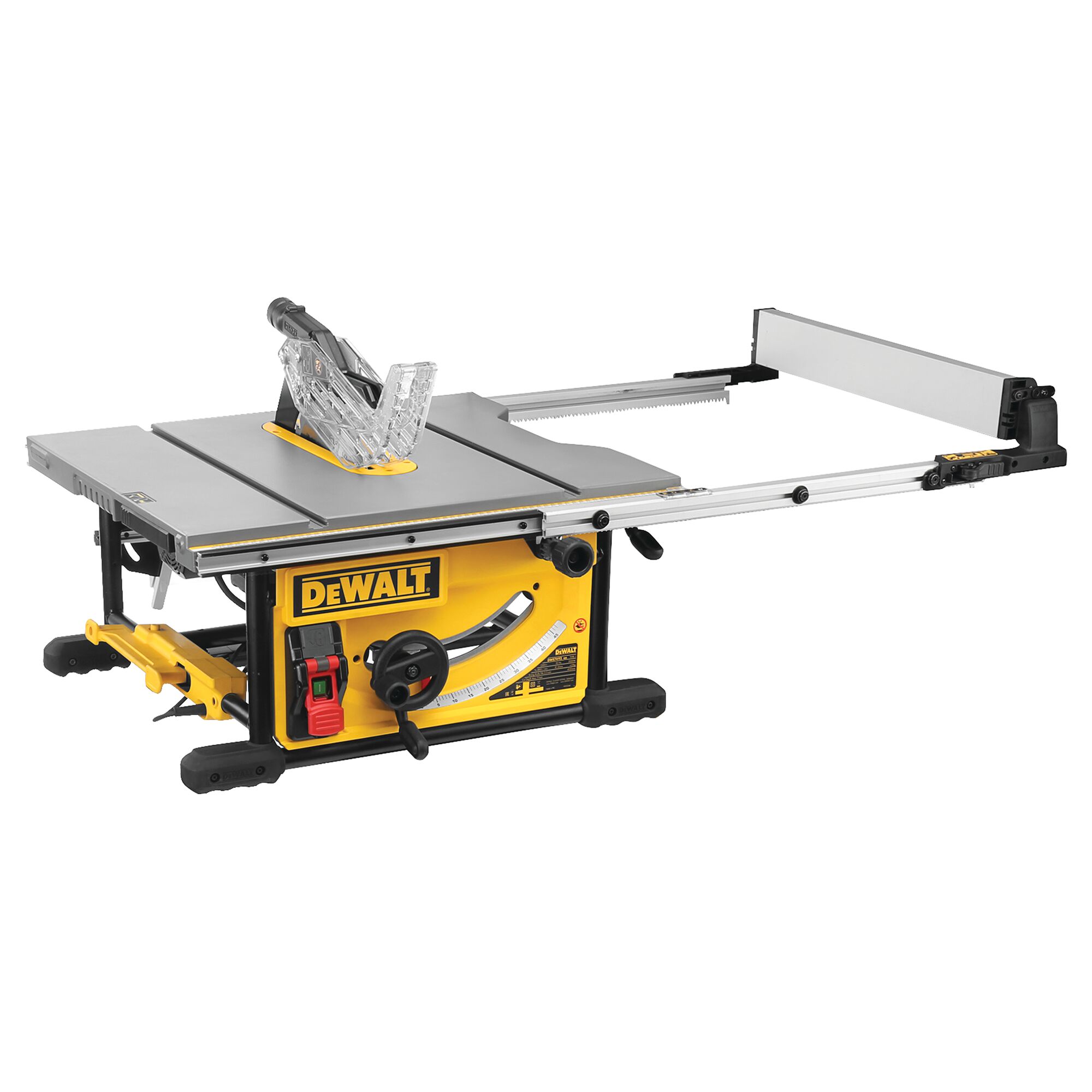 A DEWALT table saw with a yellow and black base, adjustable fence, and safety guard, designed for woodworking and precision cutting.