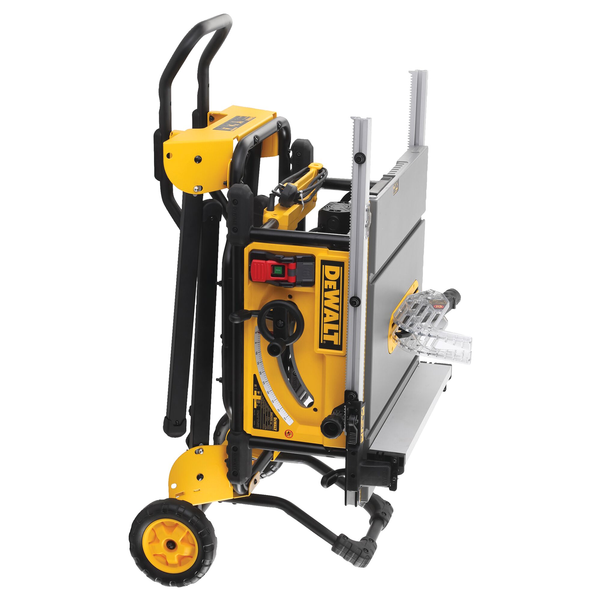 A DEWALT portable table saw, shown in a vertical position with its folding stand and wheels for easy transport. The saw is primarily yellow and black with the DEWALT logo visible, and features adjustment controls and a clear plastic blade guard.