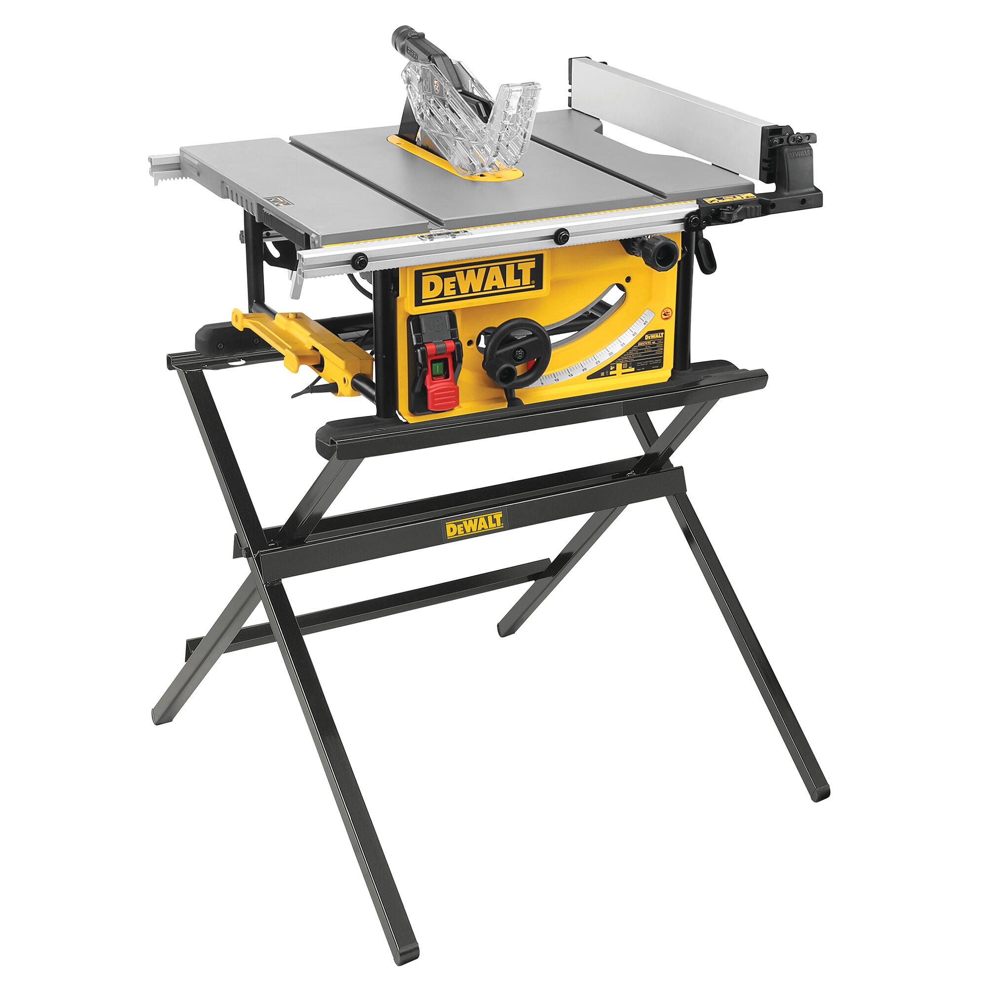 A DEWALT table saw with a yellow and black base, silver cutting surface, adjustable fence, and transparent blade guard, mounted on a foldable metal stand.