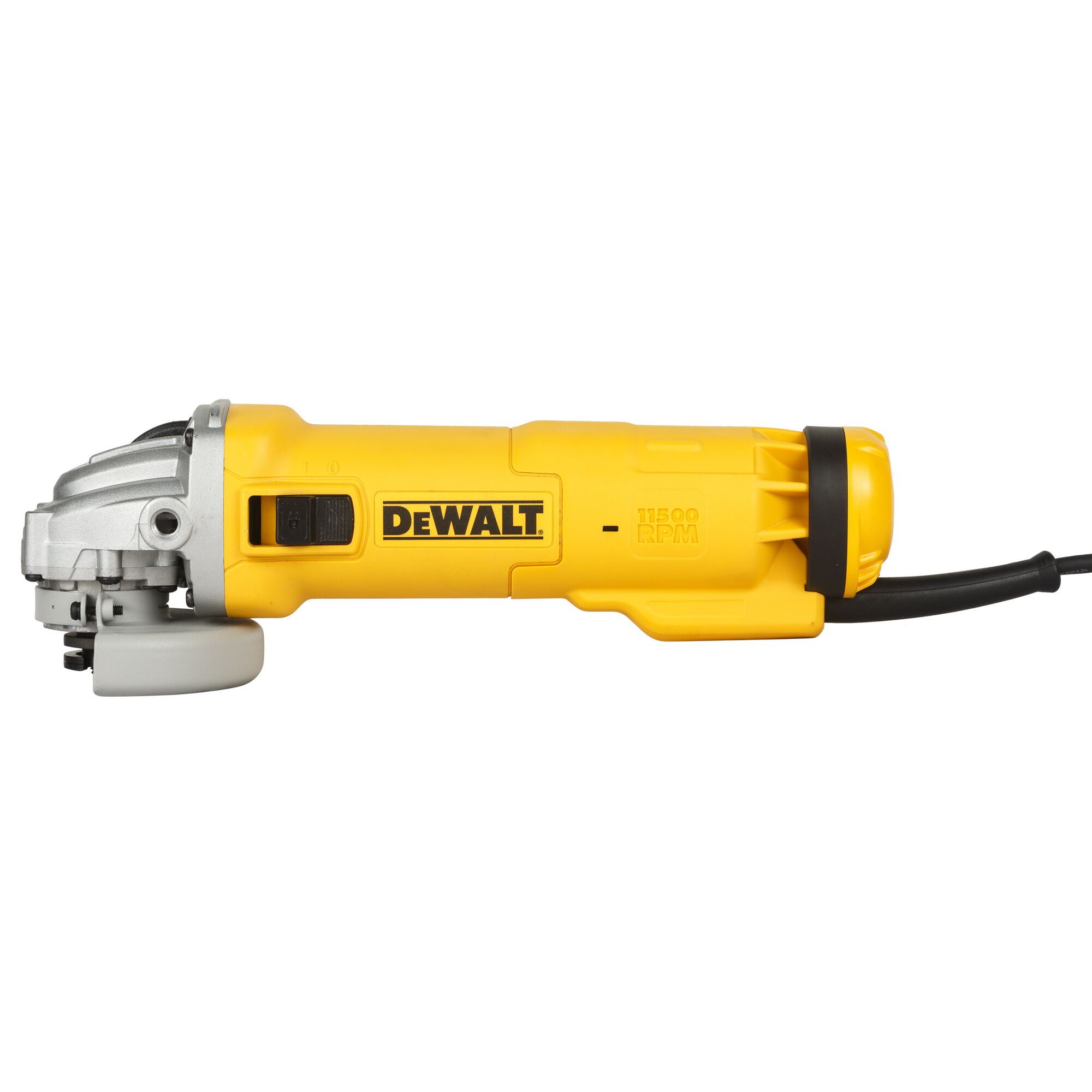 A yellow DEWALT electric angle grinder tool with a black power cord, model DWE8300S, shown on a white background.