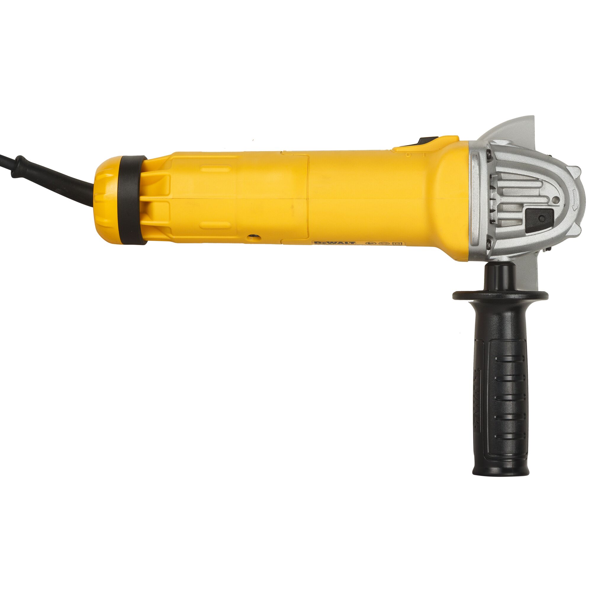A yellow and black handheld electric angle grinder with a side handle, designed for cutting or grinding tasks.