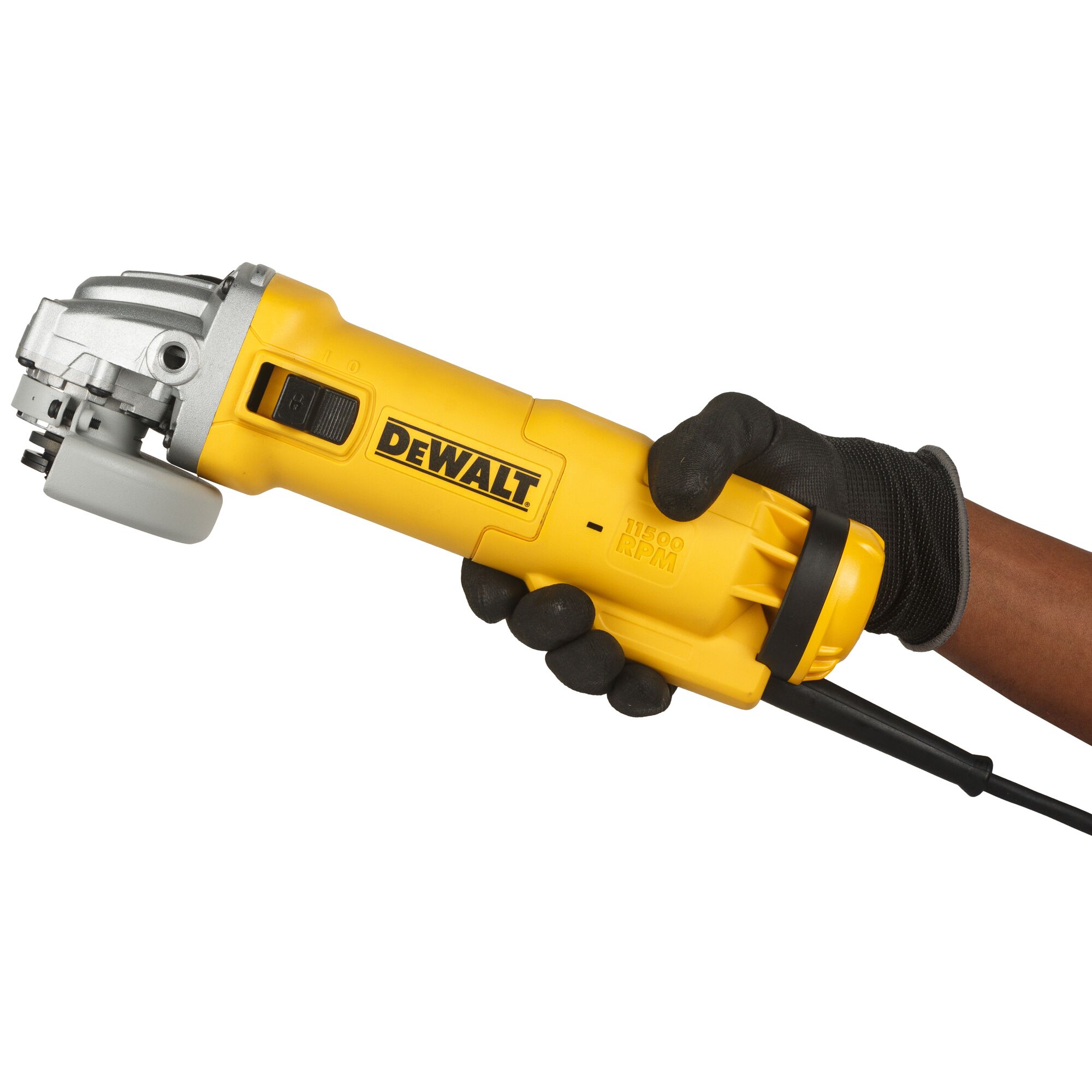 A person wearing a black glove is holding a yellow DEWALT angle grinder, model DWE8300S, with a power cord attached.