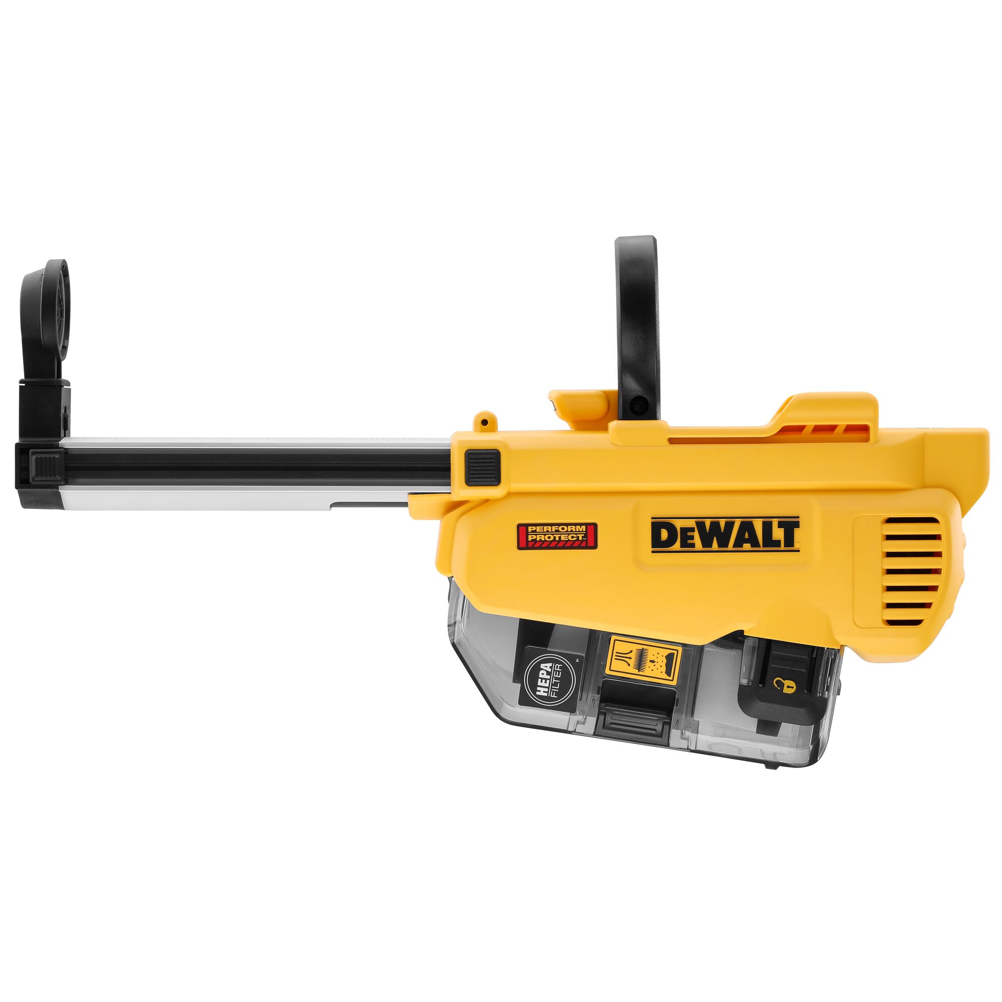 DEWALT DWH205DH yellow dust extractor attachment for power tools with clear plastic chamber and black handle.