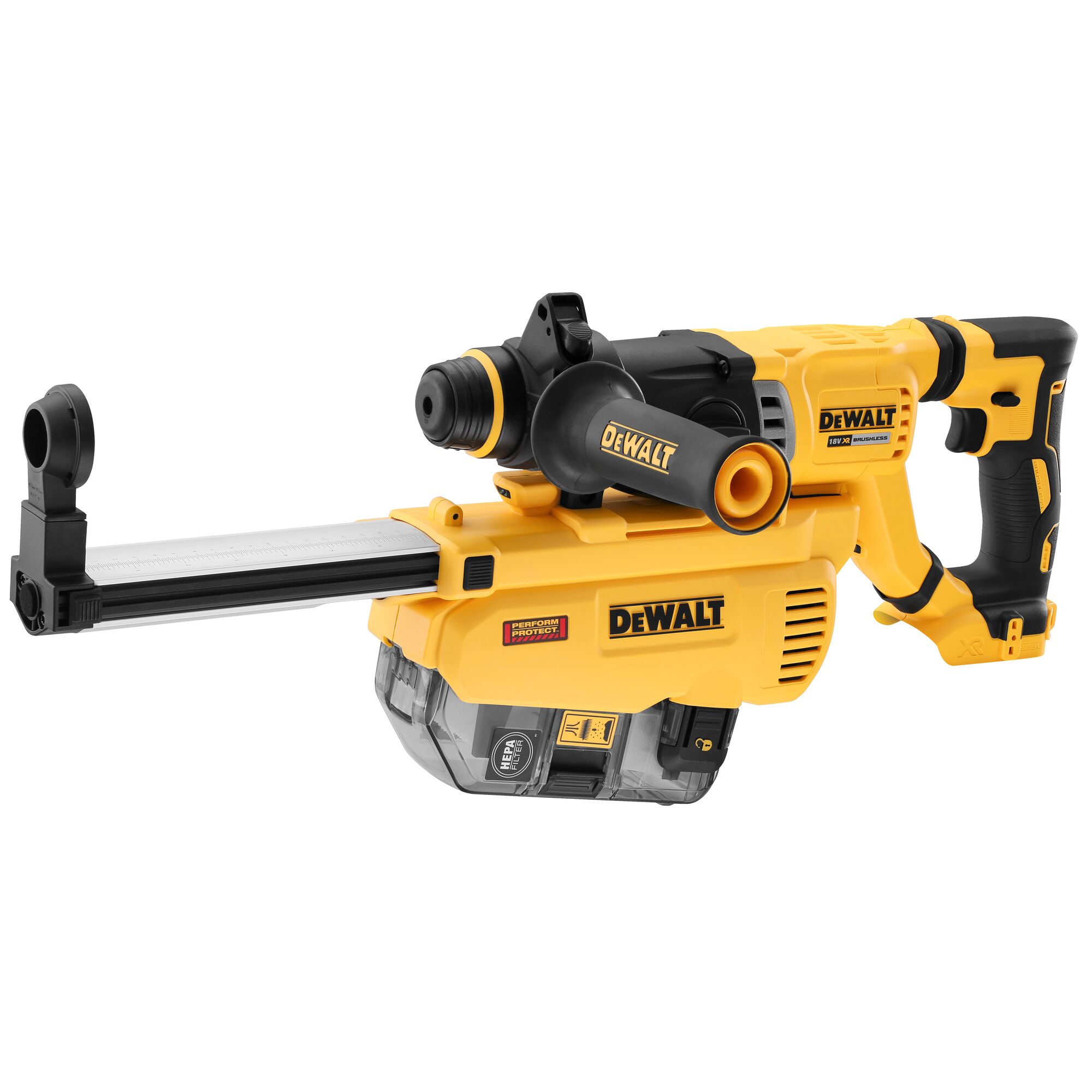 A DEWALT DWH205DH yellow and black cordless rotary hammer drill with integrated dust extraction system, designed for heavy-duty construction and drilling tasks.