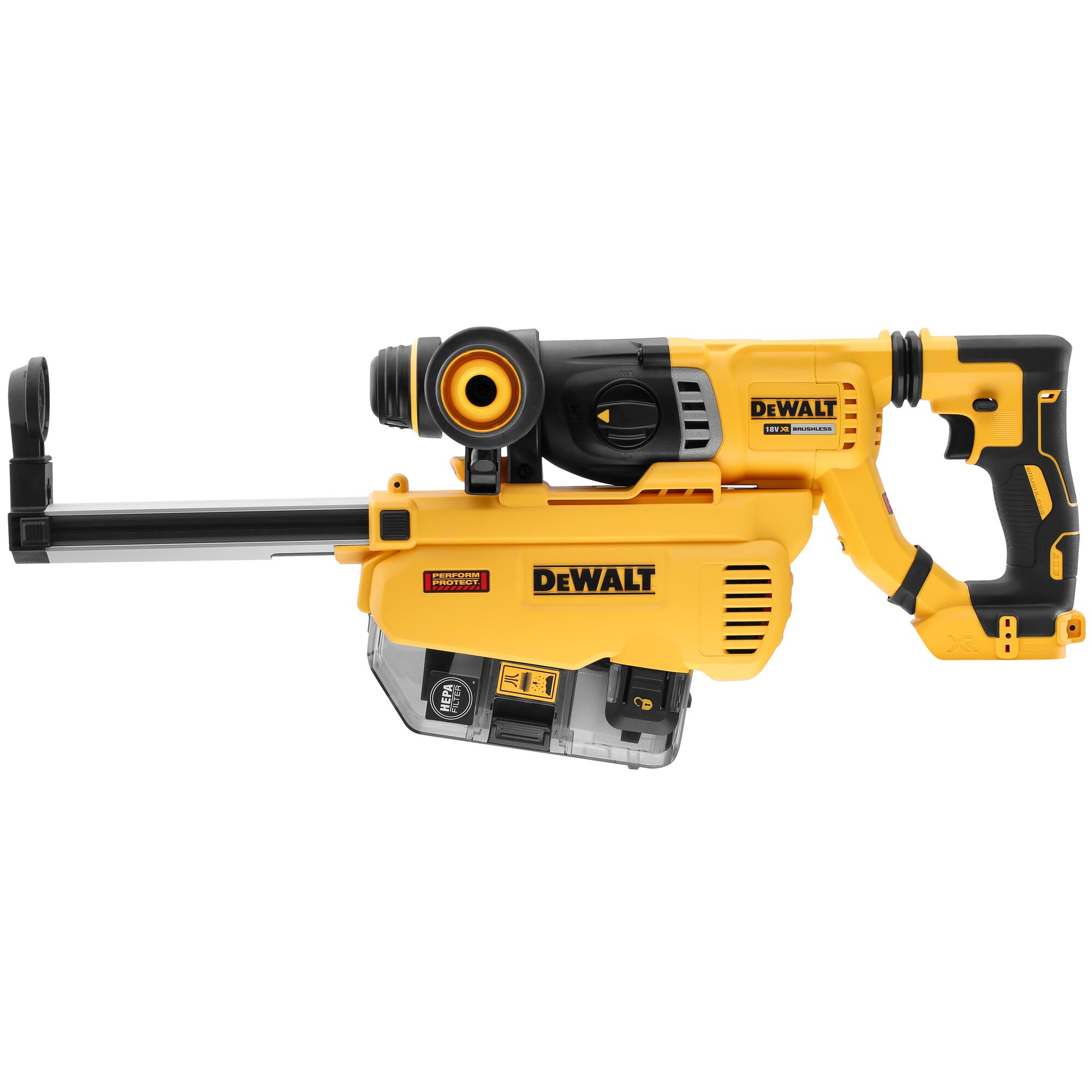 A DEWALT cordless rotary hammer drill with integrated dust extraction system, featuring a yellow and black design. The tool has branding and labels visible, including the model DWH205DH.