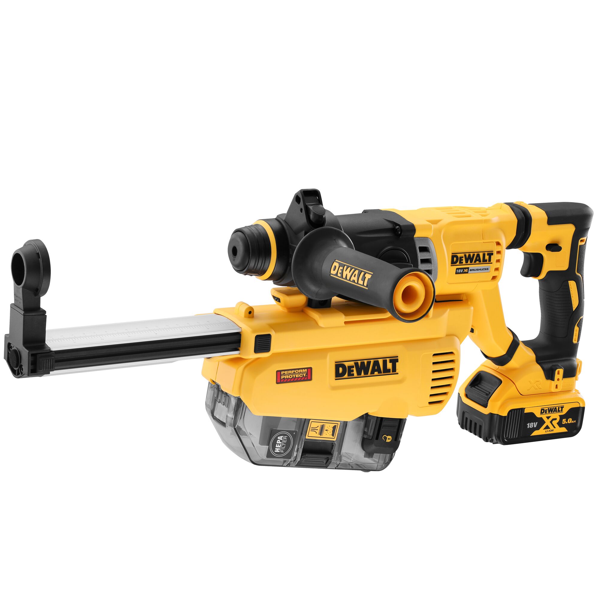 A DEWALT cordless rotary hammer drill with a dust extraction attachment, yellow and black in color, featuring a handle, battery pack, and branded markings.