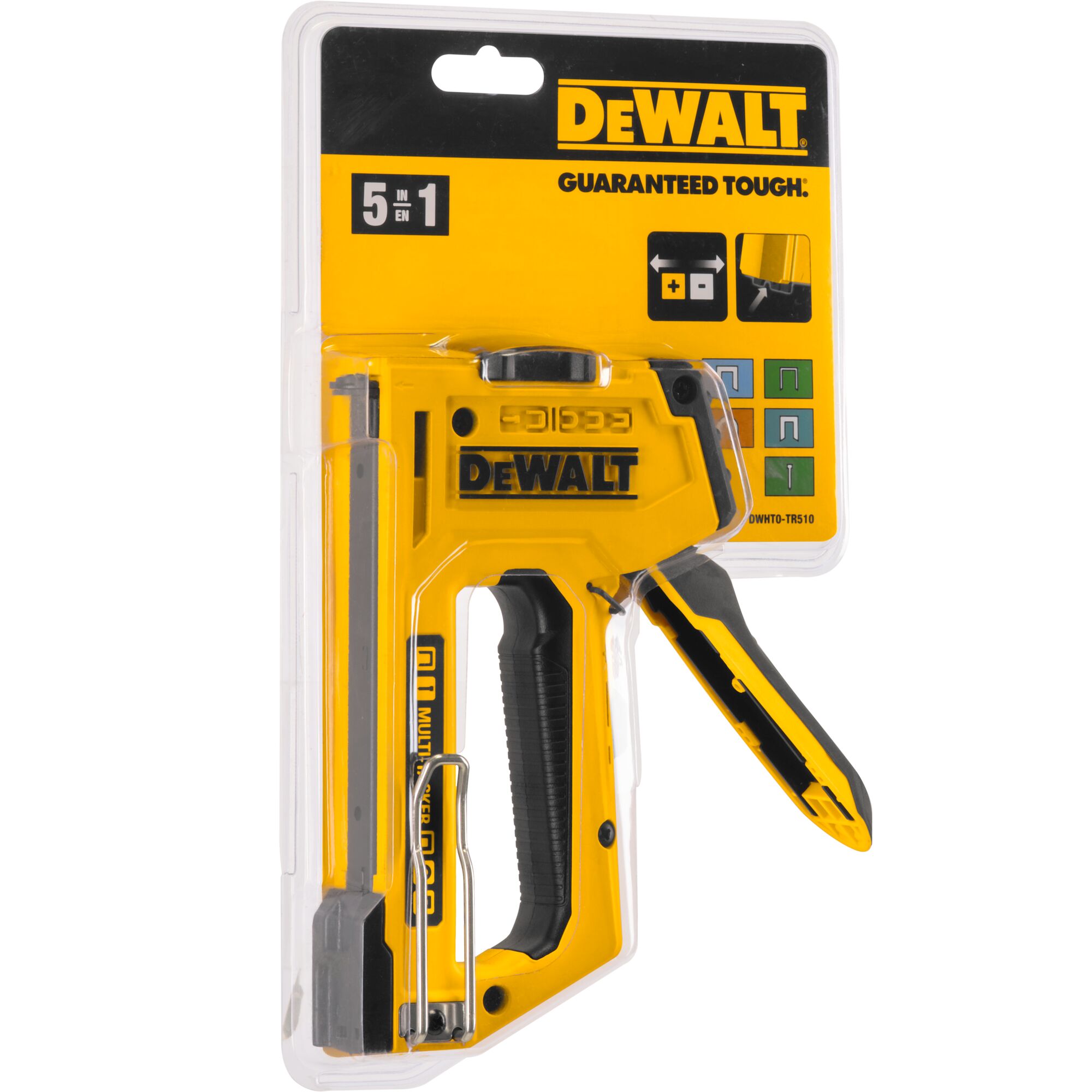 DEWALT DWHT0-TR510 yellow staple gun in retail packaging, 5-in-1 multi-use tool shown.