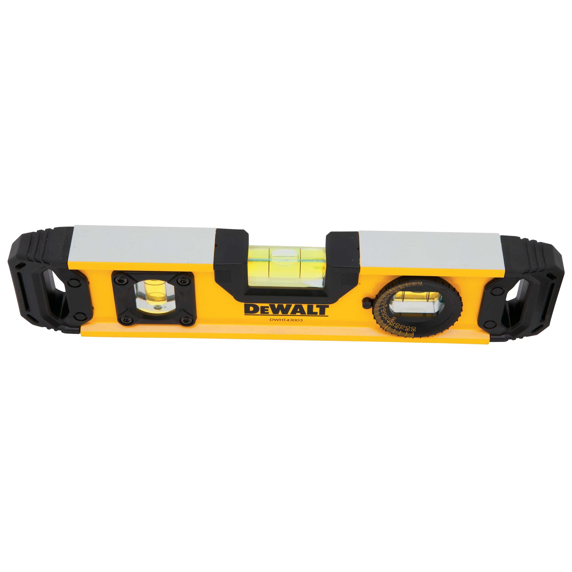 A DEWALT DWHT43003 spirit level with a yellow body, black end caps, and multiple bubble vials for measuring horizontal and vertical alignment.