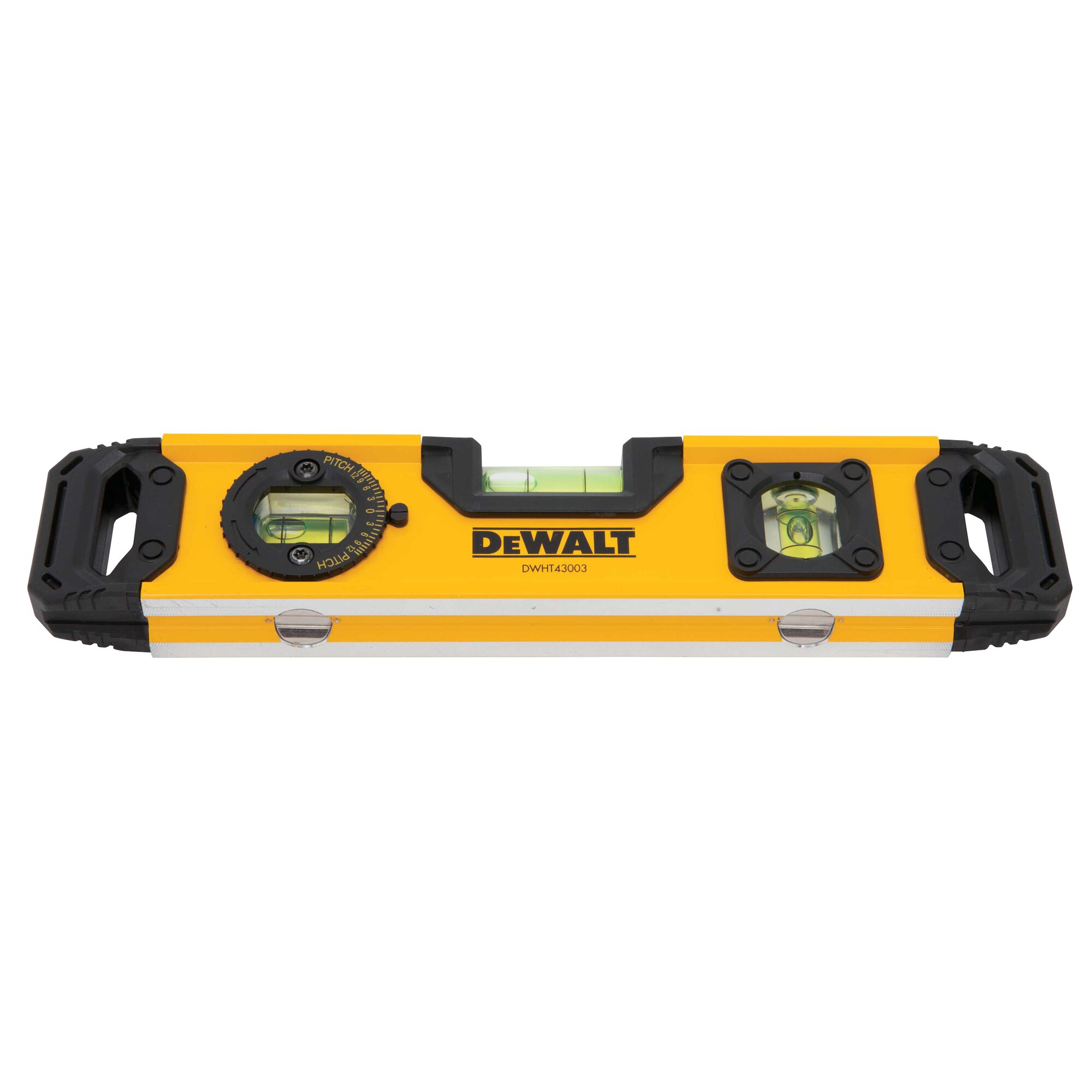A DEWALT DWHT43003 yellow and black box level tool with three bubble vials and handles on each end, designed for precise leveling in construction and photography applications.