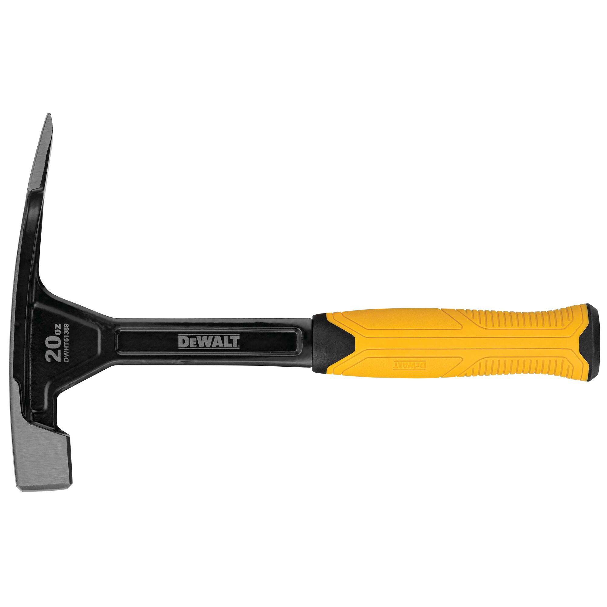 A DEWALT 20 oz hammer with a yellow and black ergonomic handle. The model number DWHT51389 is visible on the head, and the design is suitable for construction or carpentry tasks.