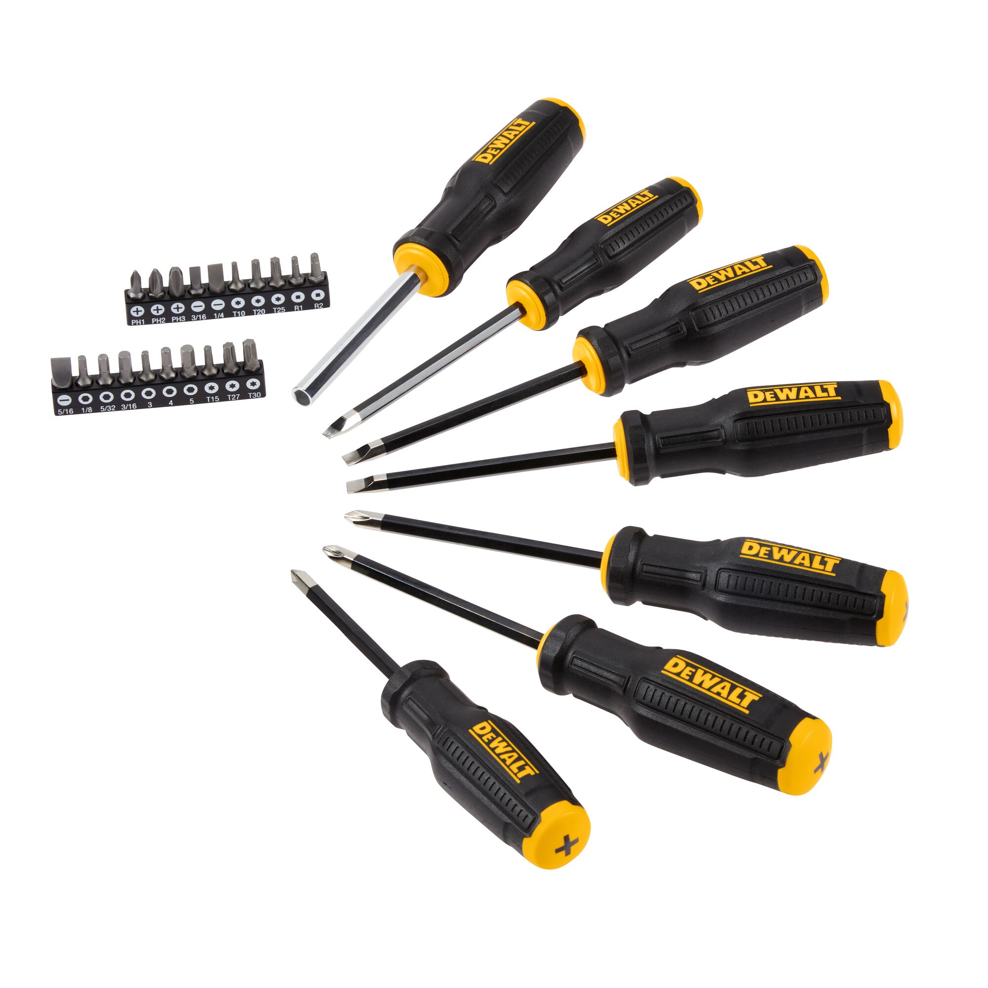 A set of DEWALT screwdrivers with black and yellow handles, displayed in a fan arrangement. Two sets of interchangeable bits are shown beside the screwdrivers.