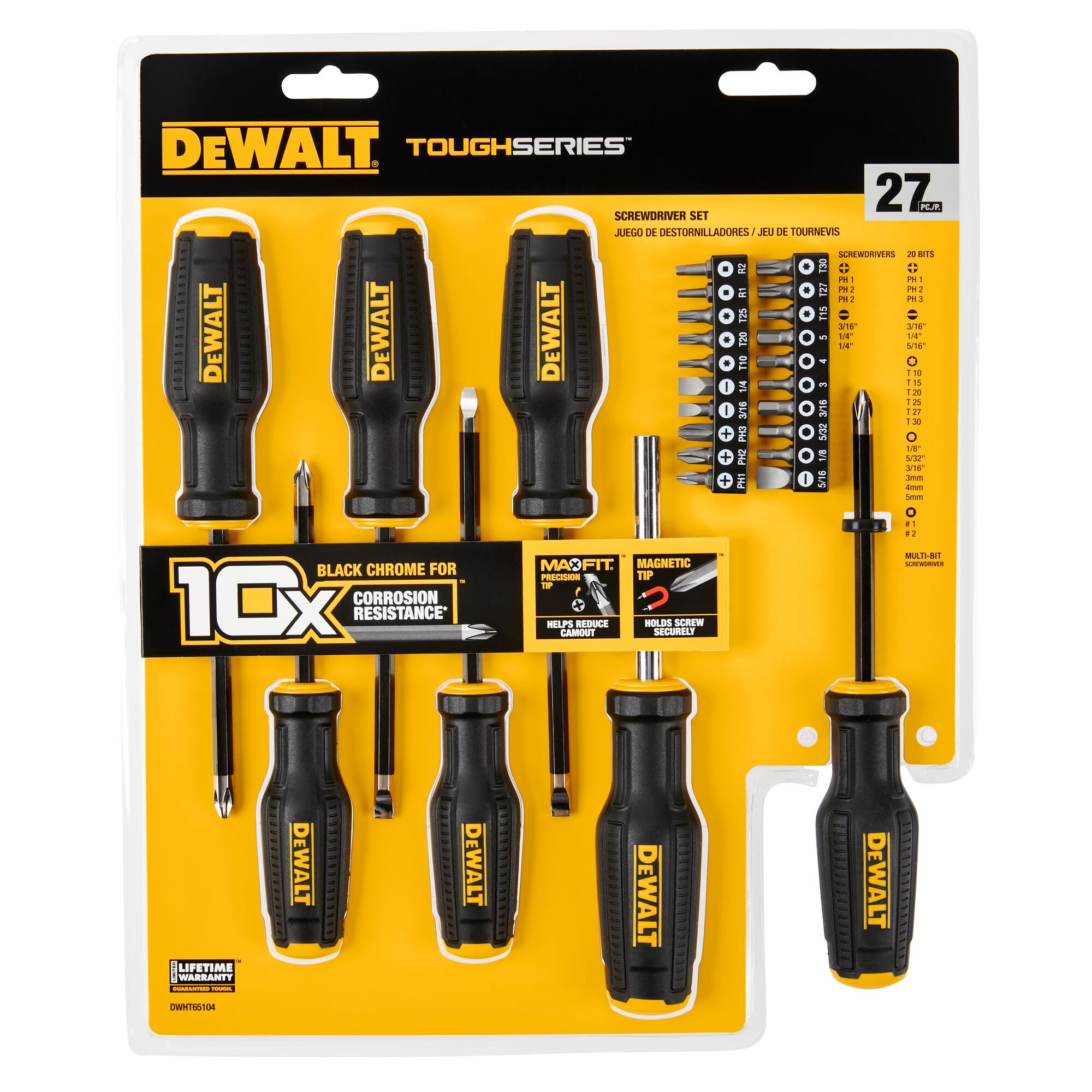 DEWALT ToughSeries 27-piece screwdriver set with black chrome for corrosion resistance, featuring various screwdrivers and bits on a yellow packaging.