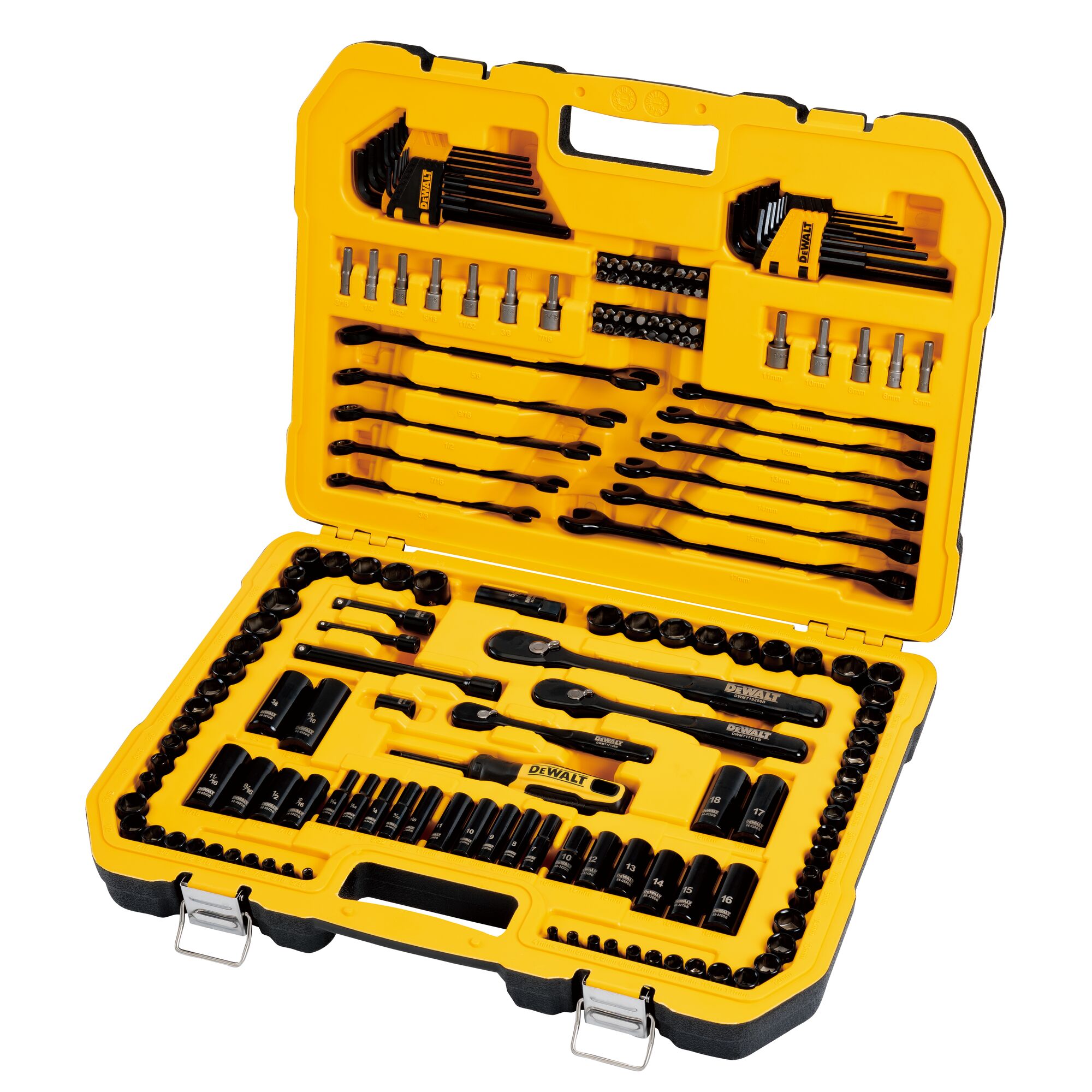 A yellow and black DEWALT tool set case opened, displaying assorted hand tools, sockets, ratchets, wrenches, hex keys, and screwdriver bits organized neatly inside.