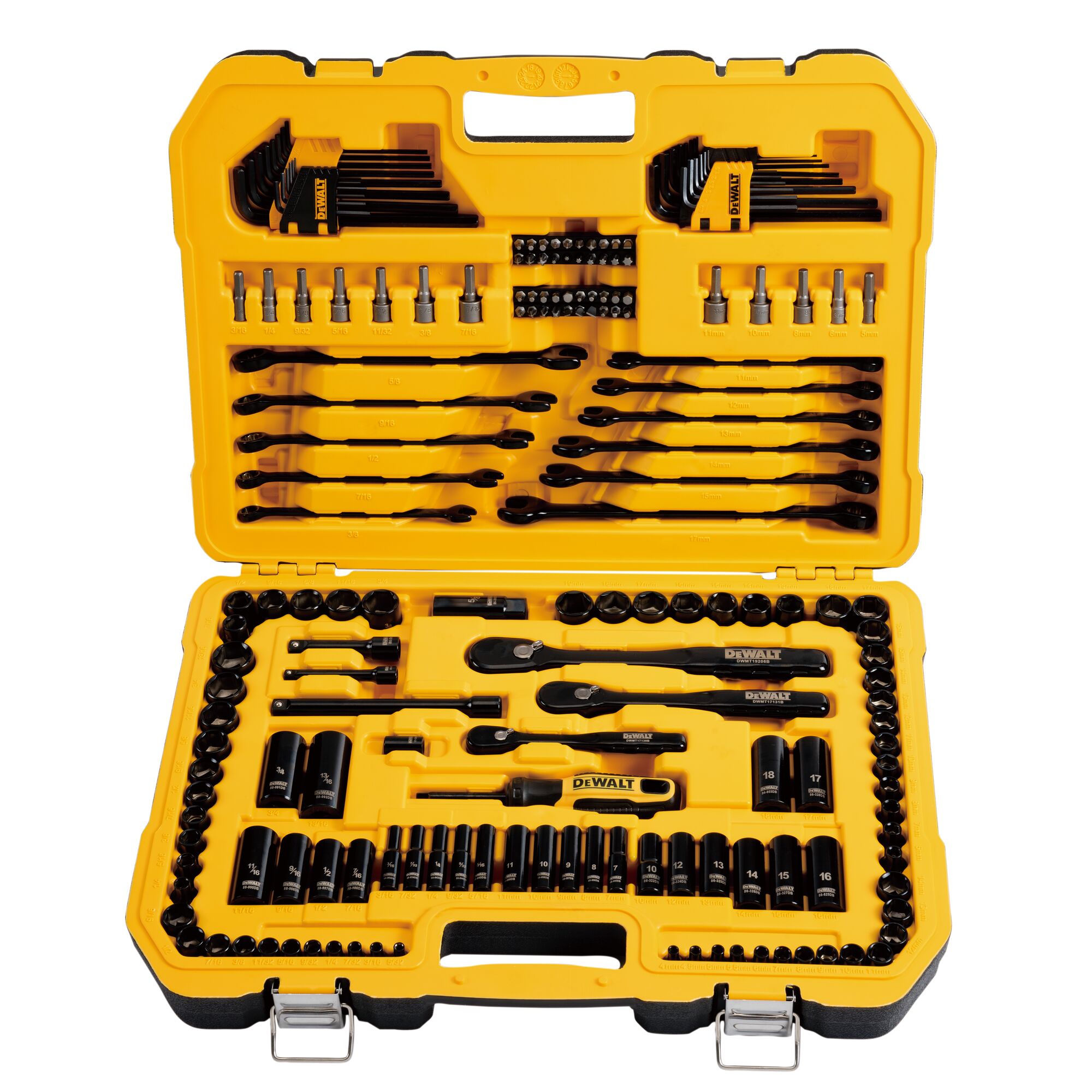 A yellow DEWALT tool case open to display a comprehensive set of hand tools, including ratchets, sockets, hex keys, screwdrivers, and various bits, all organized neatly in molded compartments.