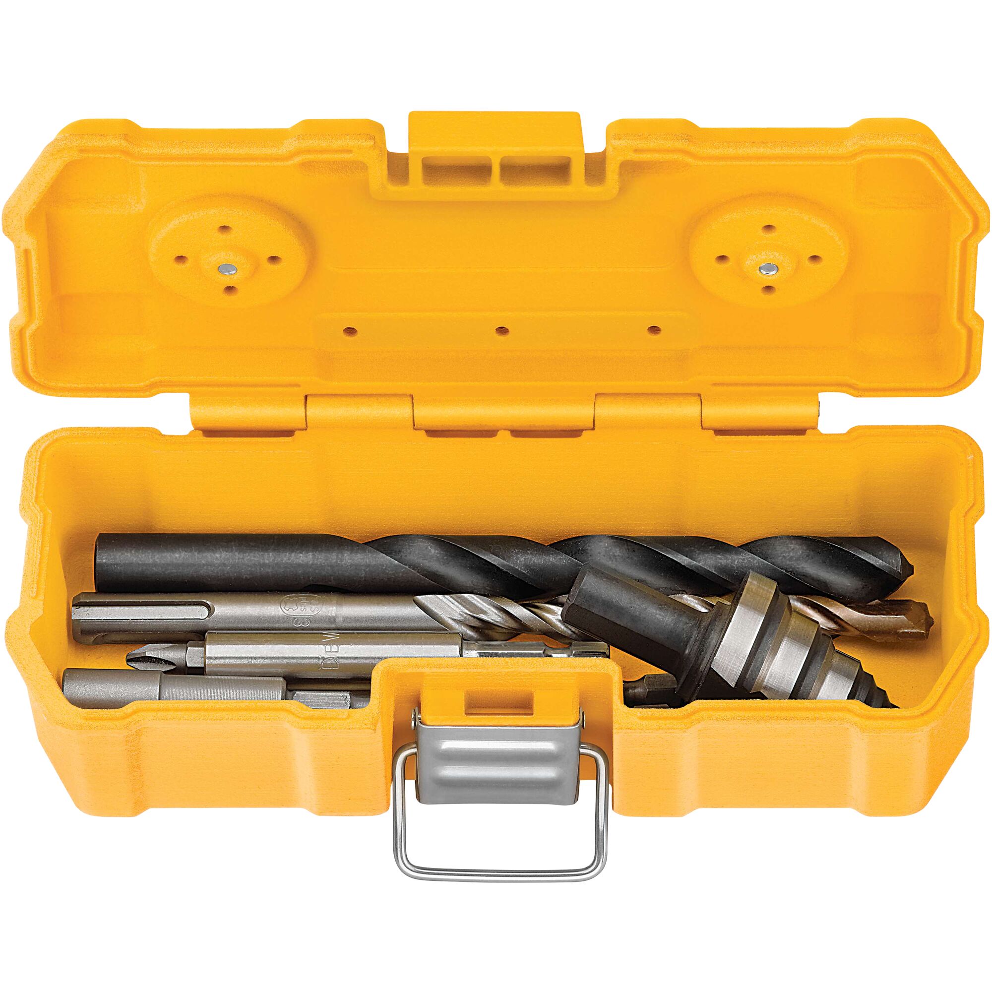 A yellow DEWALT case containing various drill bits and screwdriver bits neatly organized inside.