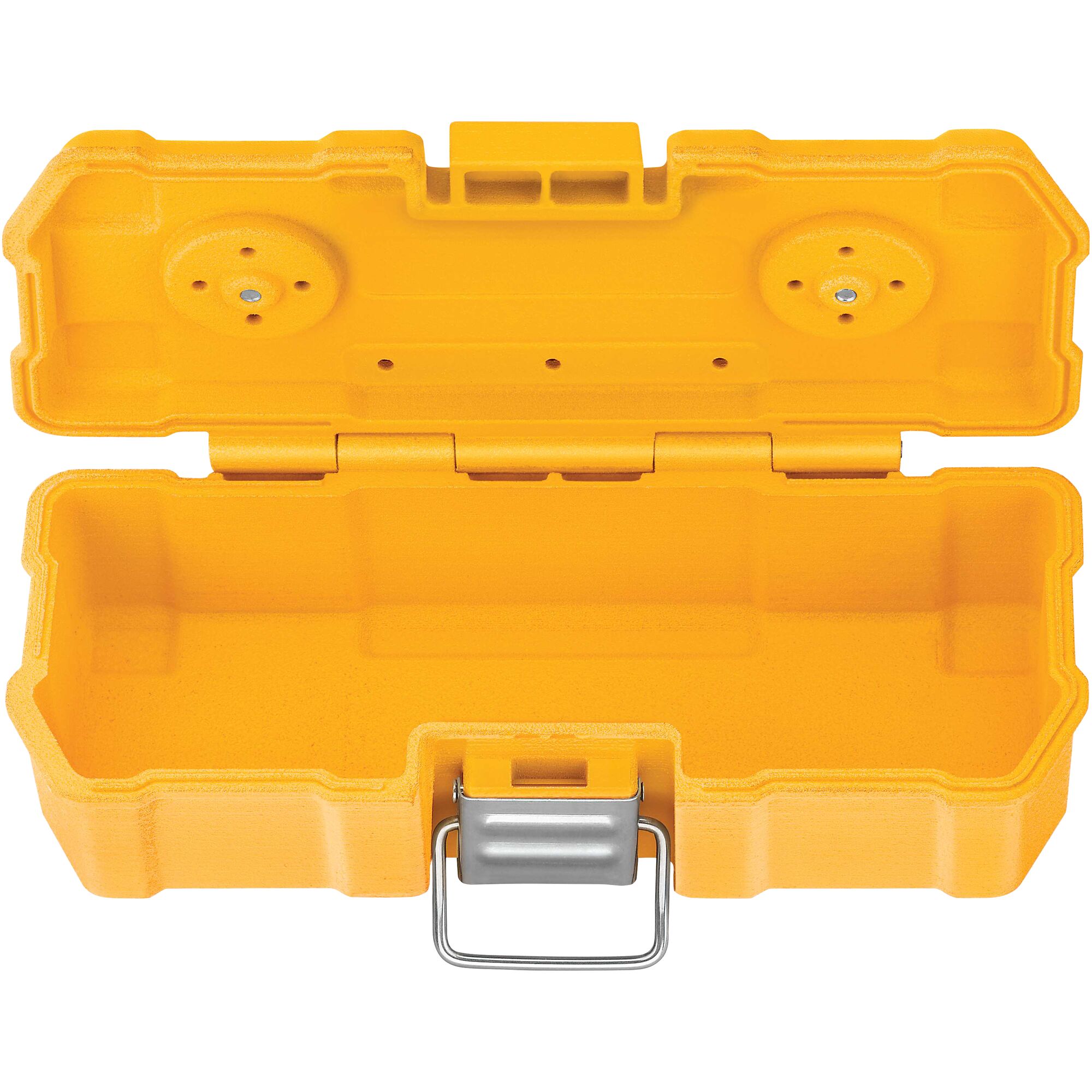 An open yellow hard plastic carrying case with a metal latch, designed to hold small tools or accessories. The interior is empty and has molded compartments.