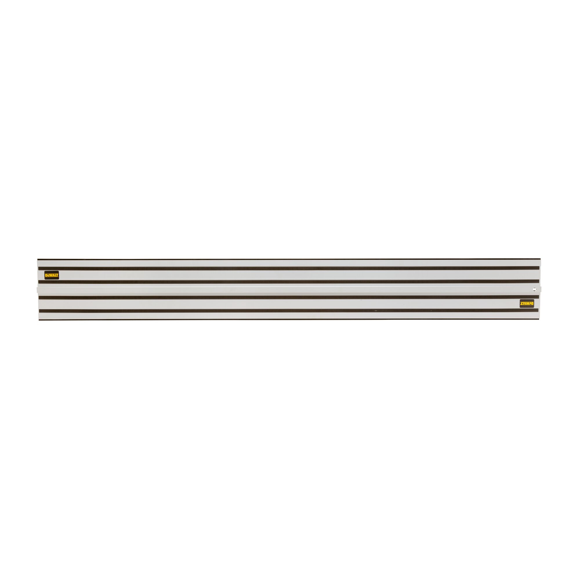 A DEWALT metal guide rail for track saws, shown horizontally against a white background. The rail is silver with black grooves and has DEWALT branding at both ends.
