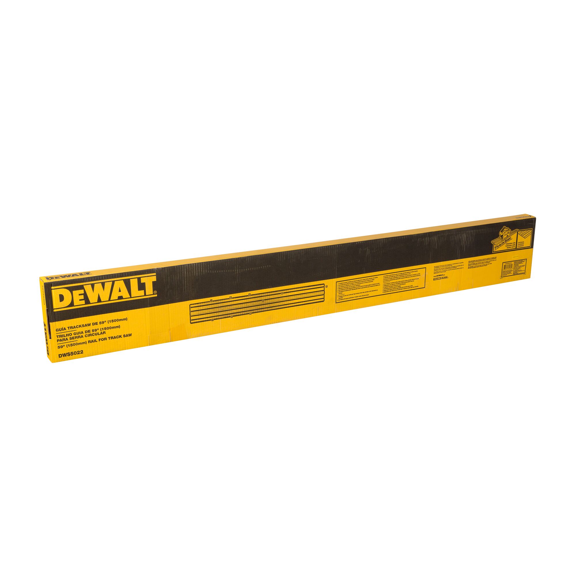Long rectangular yellow and black DEWALT box labeled with product information for a track saw rail, model DWS5022.