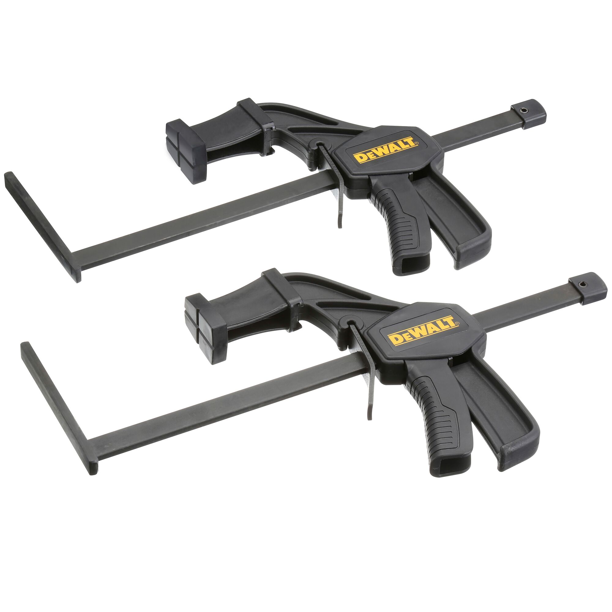 Two DEWALT quick-release clamps with black handles and jaws, designed for securing workpieces during photography tasks.