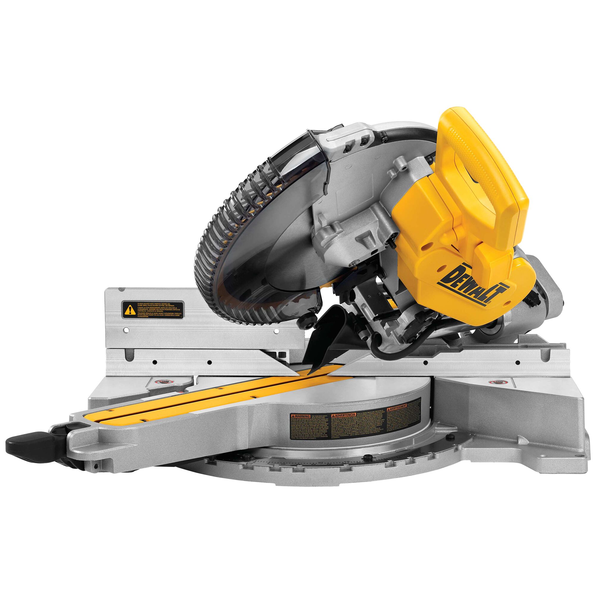 A DEWALT DWS780 miter saw with a yellow and silver design, featuring a rotating blade and sturdy base for precision cutting in woodworking or construction.