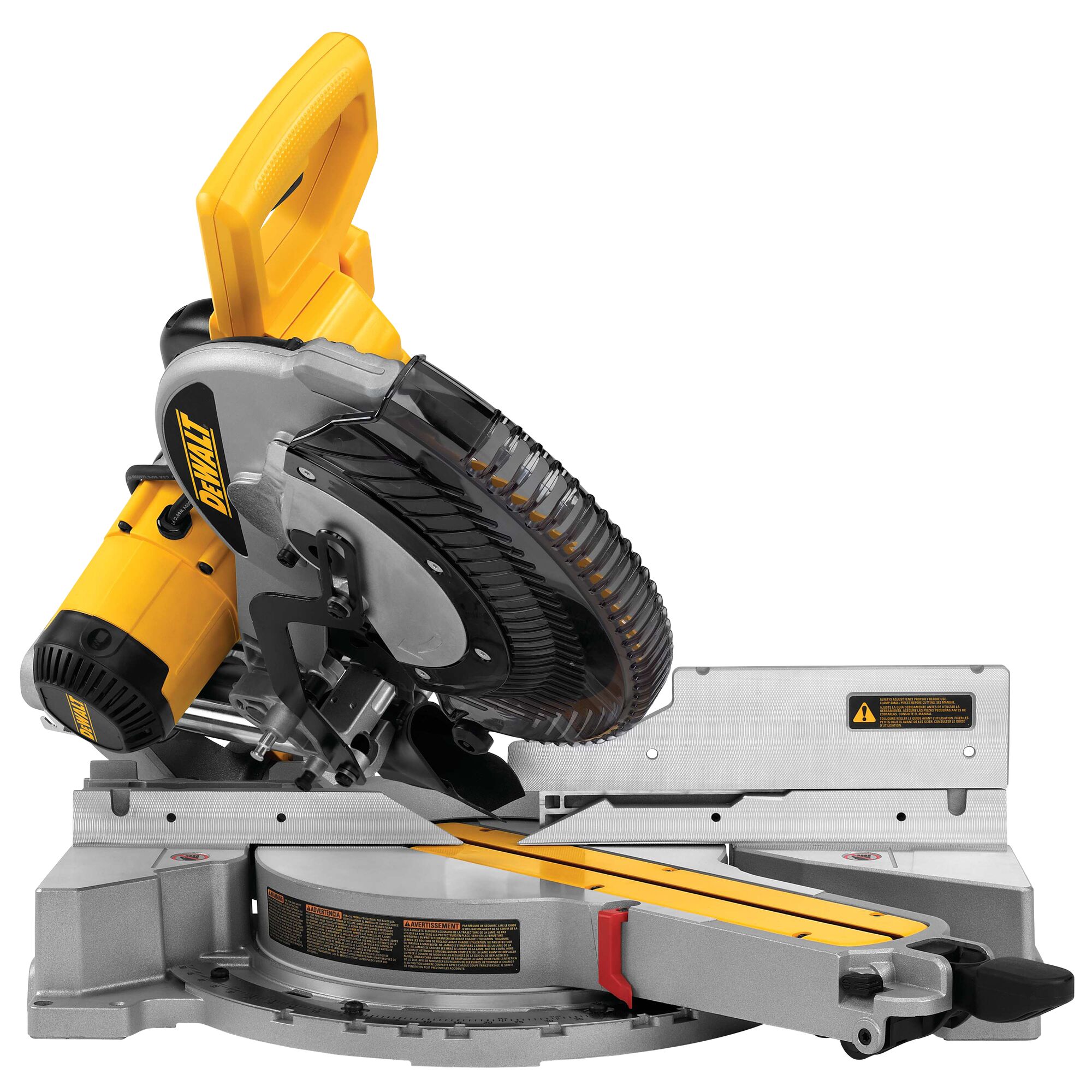 A DEWALT DWS780 sliding compound miter saw with a yellow and metallic body, angled blade, and safety guard. This power tool is designed for precise wood cutting in construction and carpentry.