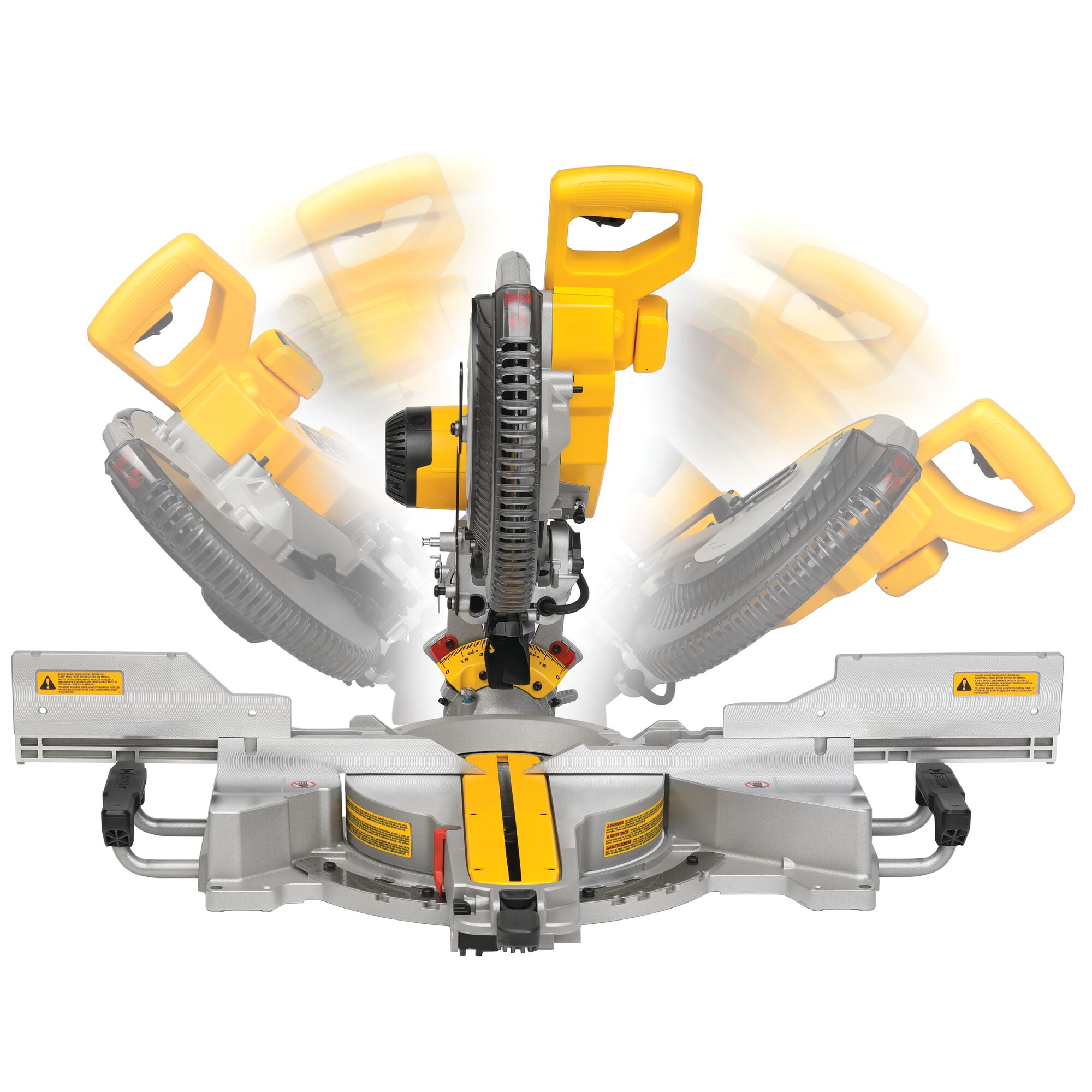Front view of a DEWALT DWS780 sliding compound miter saw, showing its adjustable arm in several positions. The saw is designed for precision cutting with a yellow handle and sturdy metallic base.