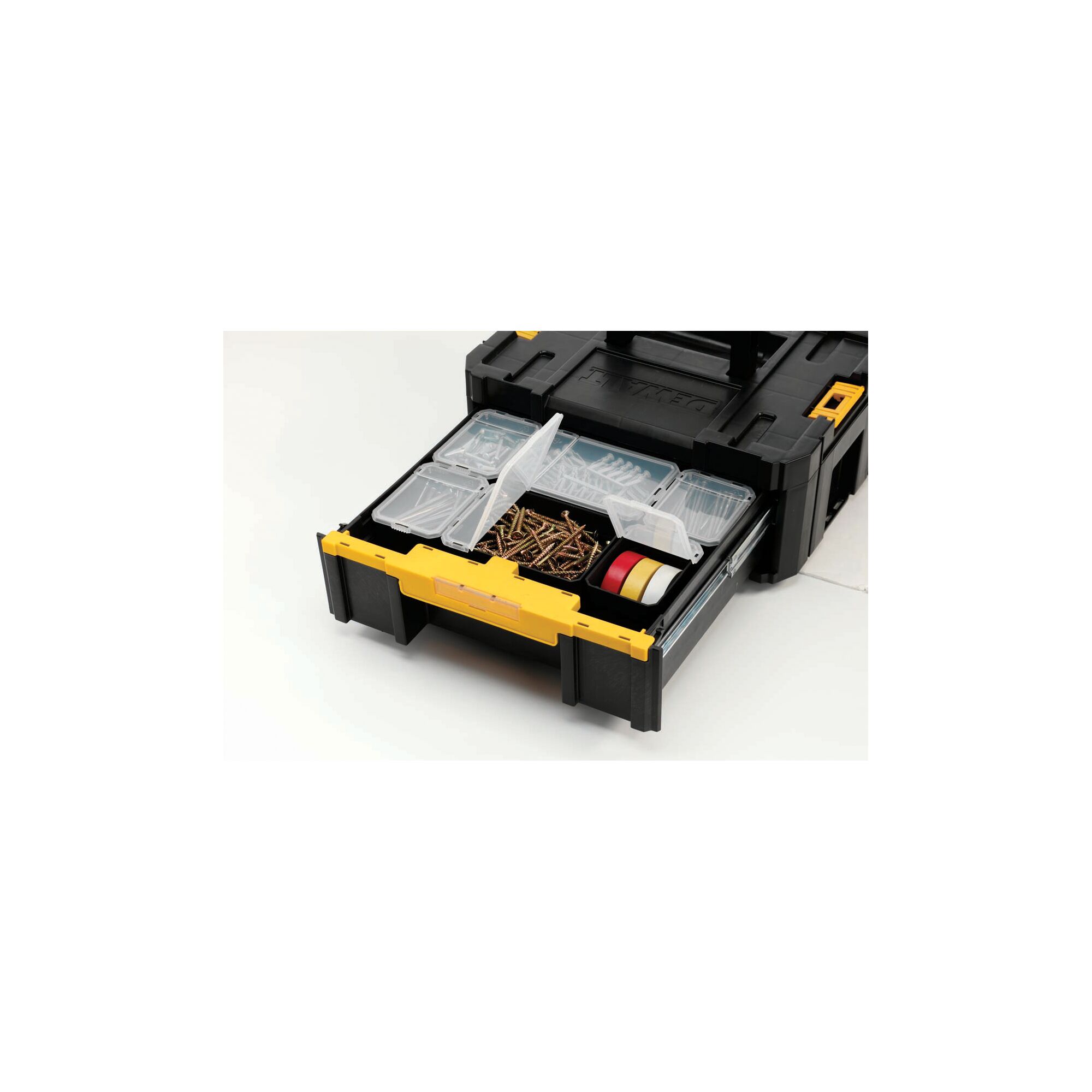 A DEWALT black and yellow tool storage box with opened drawer containing organized compartments with screws, tape, and