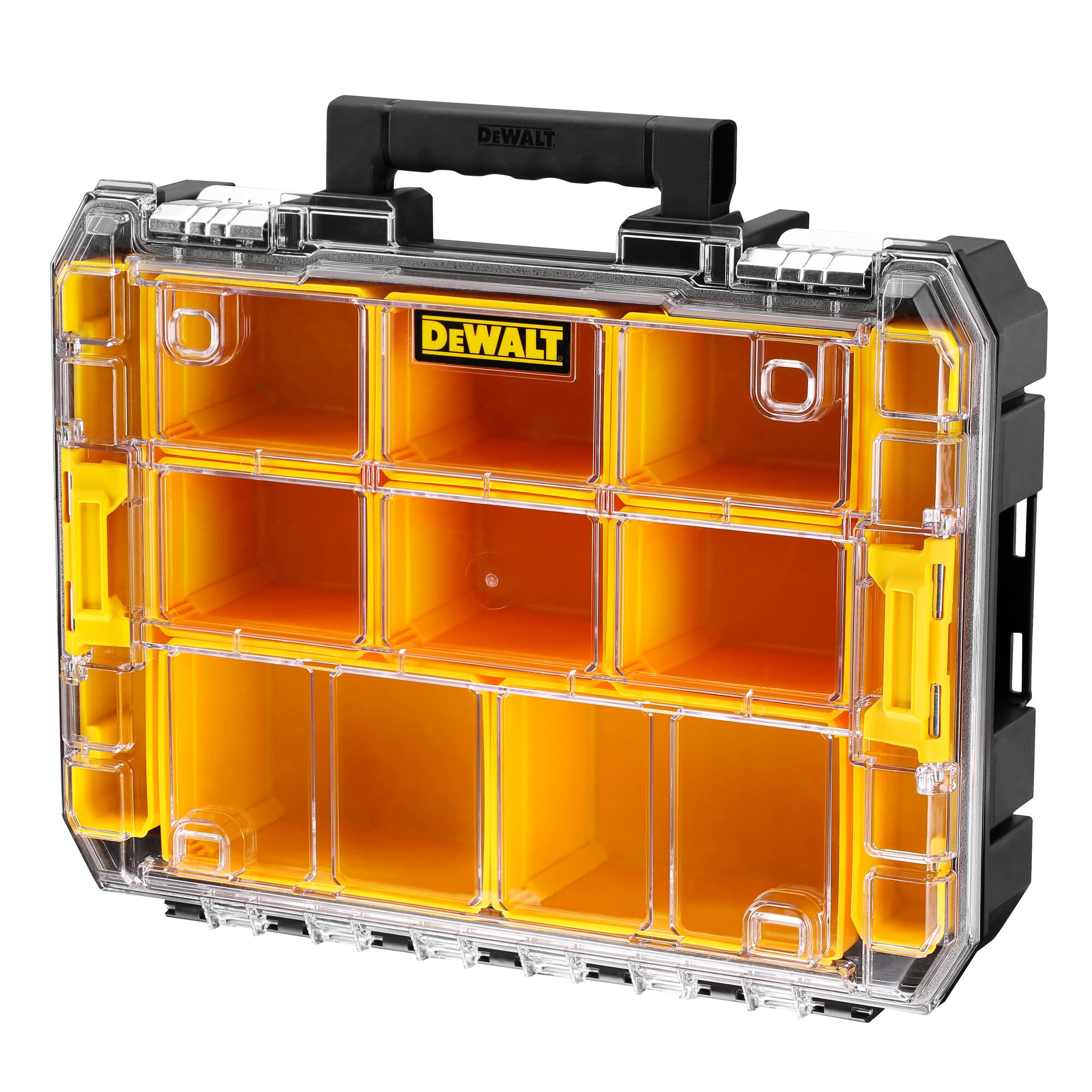 A DEWALT branded portable organizer case with a transparent lid and multiple yellow compartments, suitable for storing small tools or hardware. The case has a sturdy black handle for easy carrying.