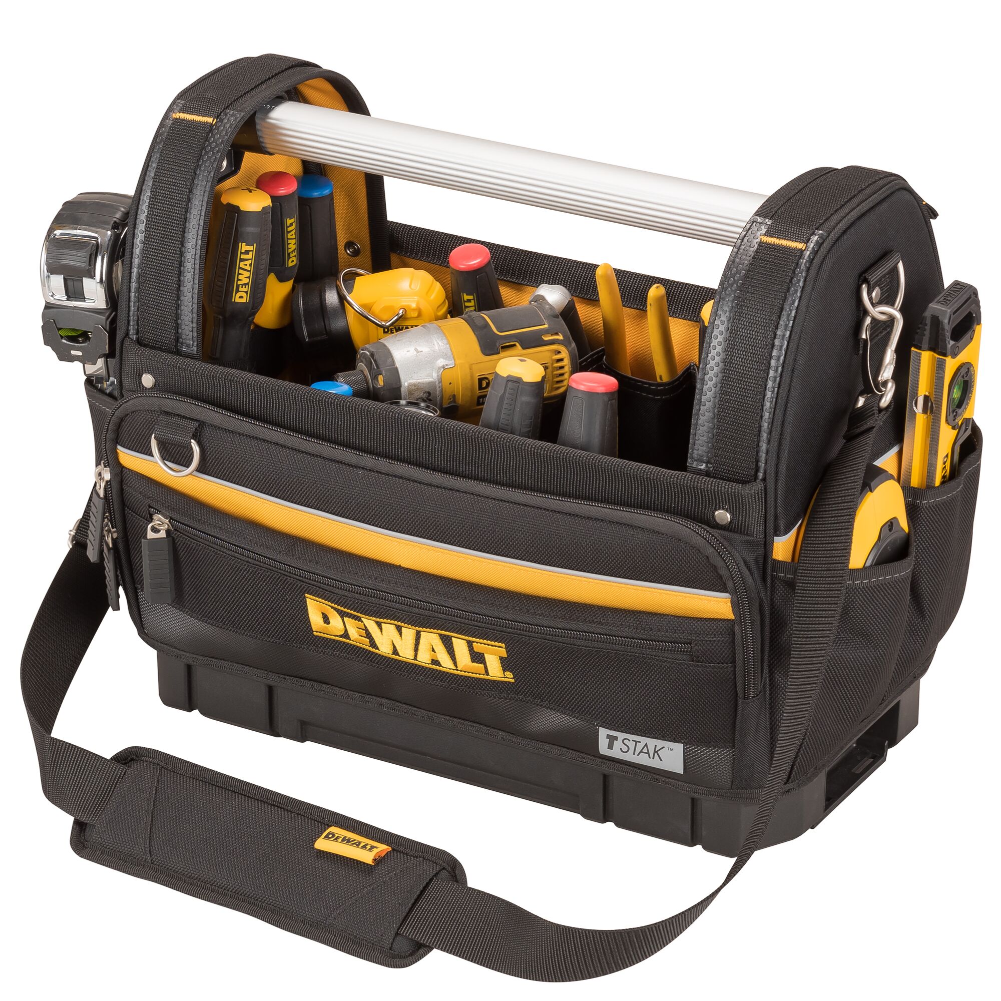 A DEWALT branded tool bag with a shoulder strap and aluminium handle, containing various tools including screwdrivers, a cordless drill, measuring tape, and other hand tools. The bag has multiple compartments and pockets for tool organization.