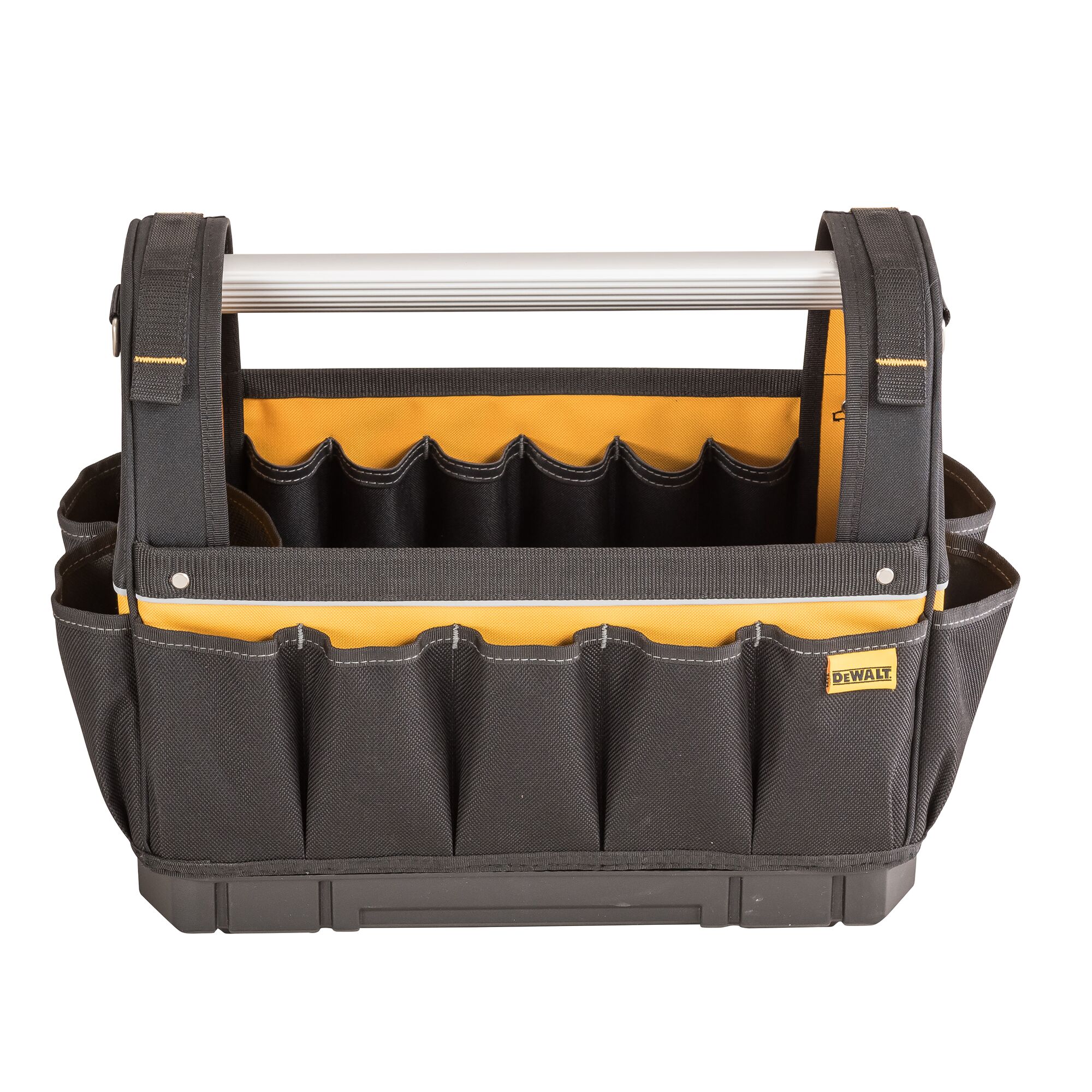 A black and yellow DEWALT tool bag with multiple exterior and interior pockets, featuring a sturdy metal handle for carrying. The bag is designed to organize and transport tools efficiently.