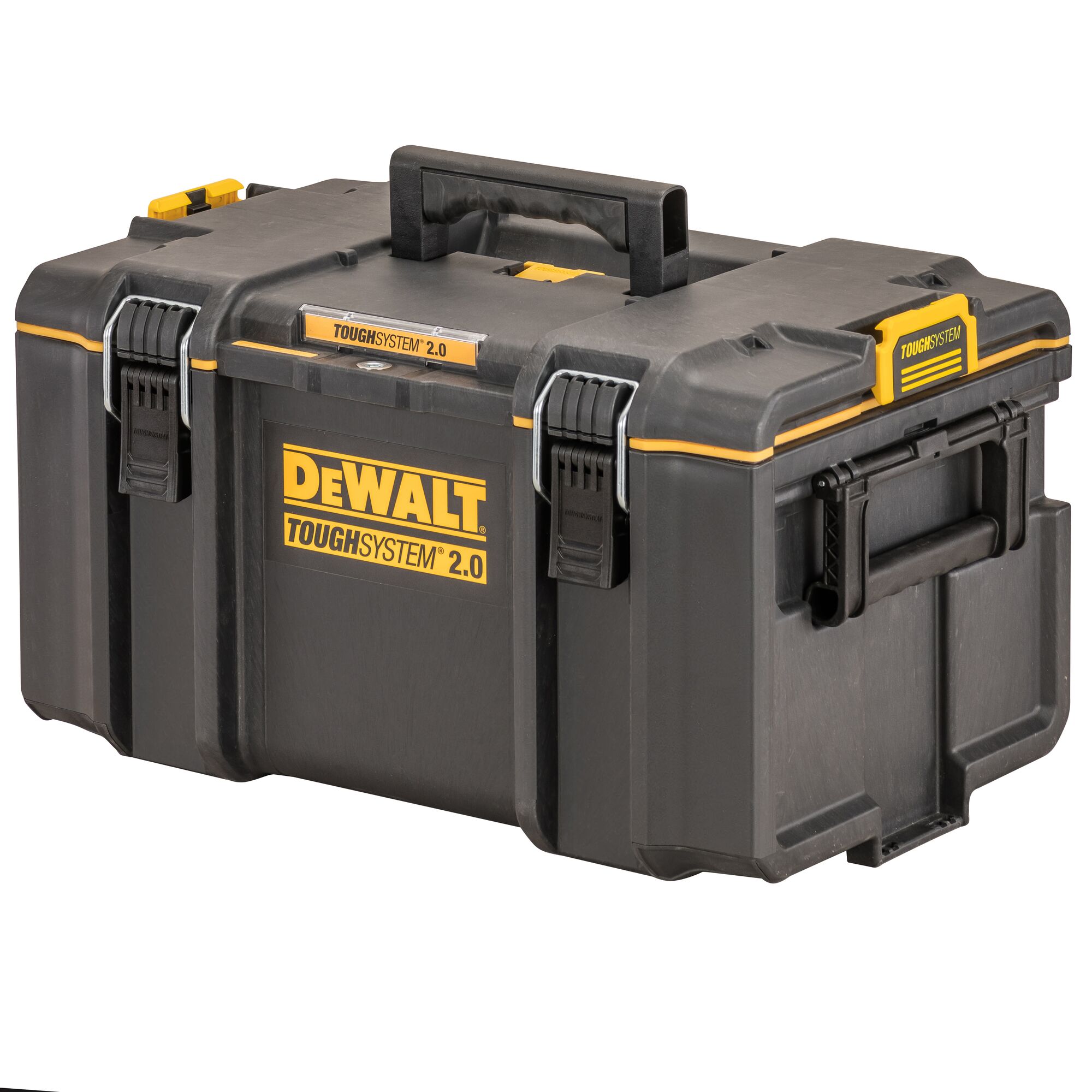 DEWALT ToughSystem 2.0 black and yellow tool box with sturdy handles and secure latches.