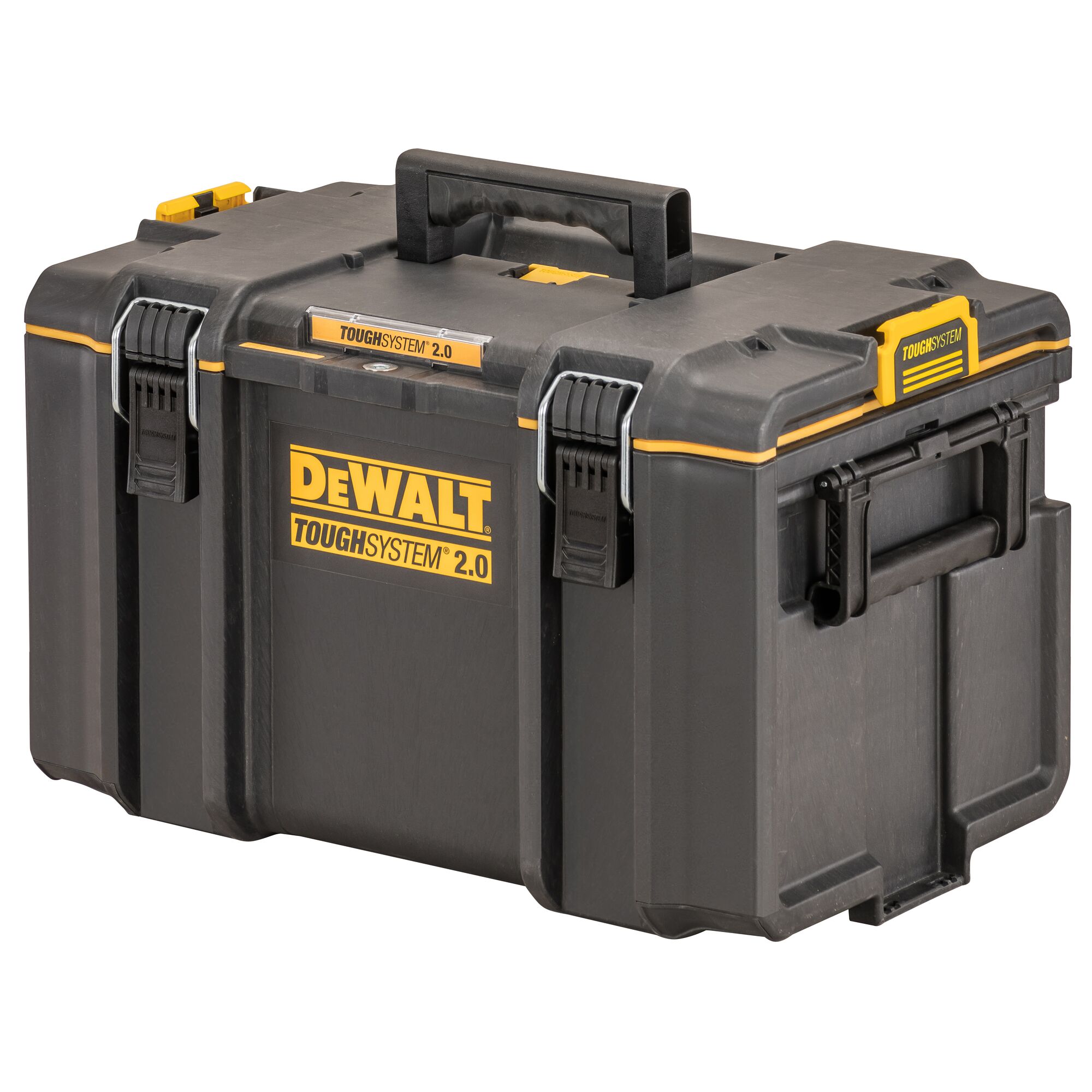 DEWALT ToughSystem 2.0 black toolbox with handles and latches for secure storage and transport.