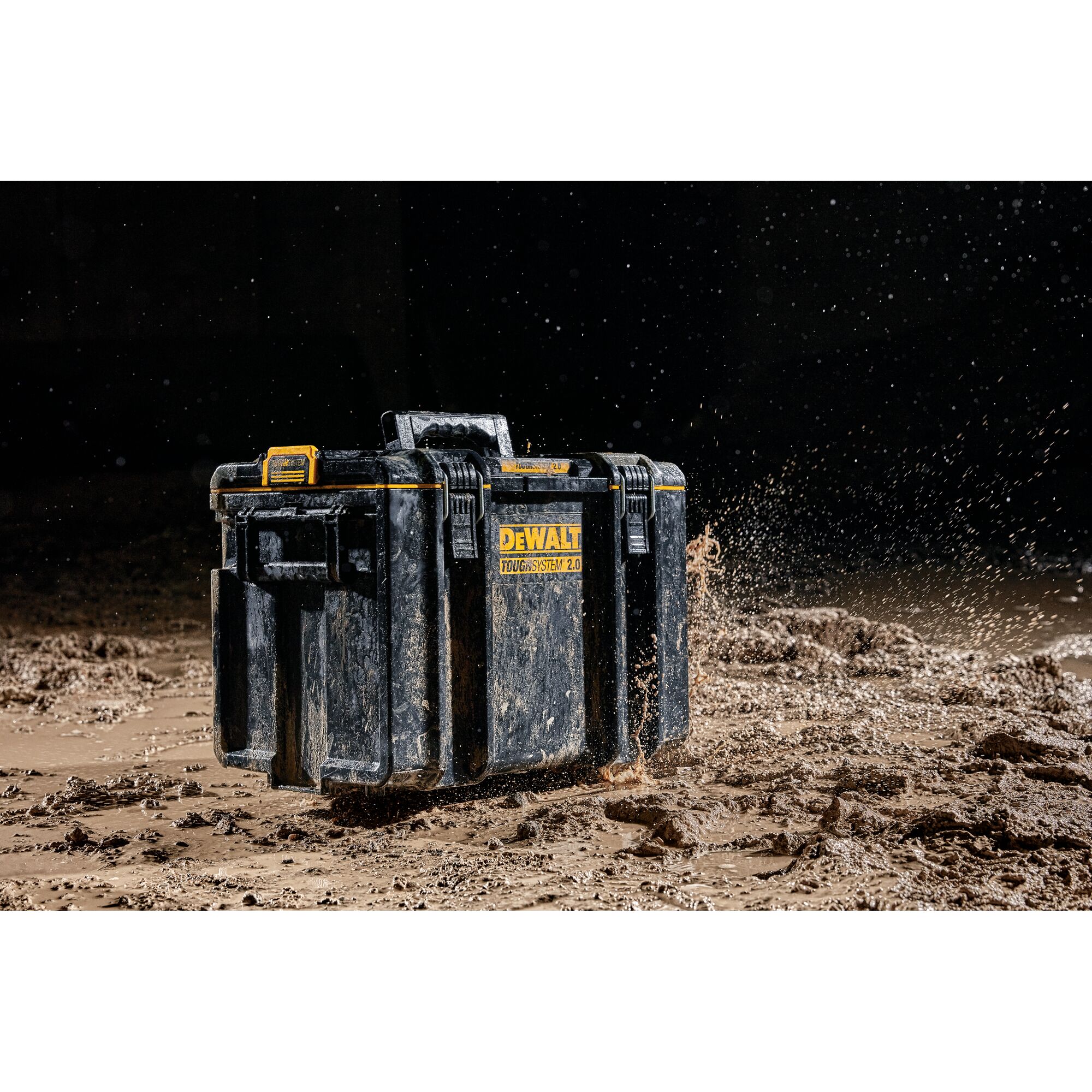 DEWALT ToughSystem 2.0 toolbox in muddy environment, showing durability and water resistance.
