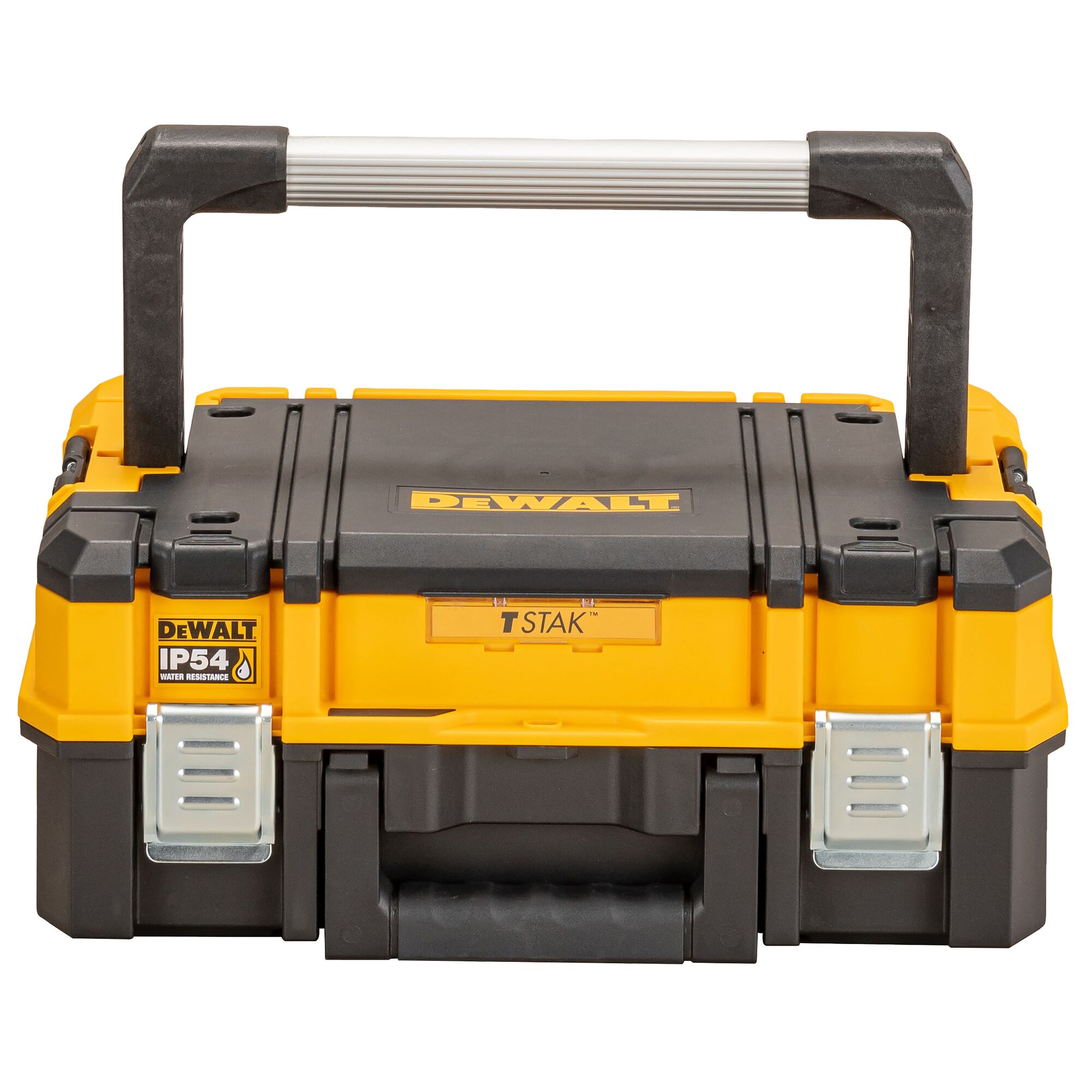 A DEWALT TSTAK IP54 water-resistant tool storage box with a sturdy handle, yellow and black body, and metal latches, shown from the front.