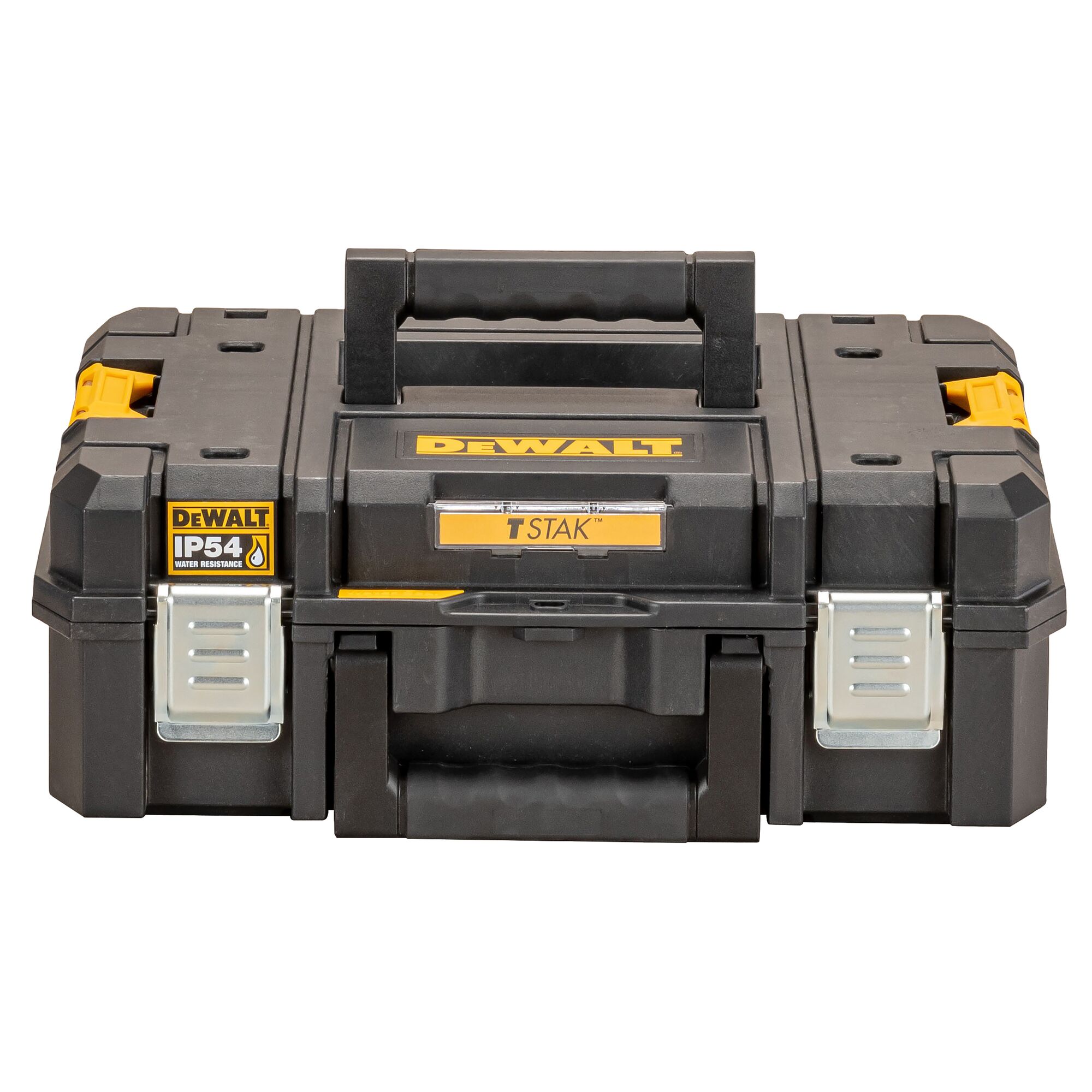 Front view of a DEWALT TSTAK IP54 water-resistant tool storage box, made of black and yellow plastic with metal latches and carrying handle.