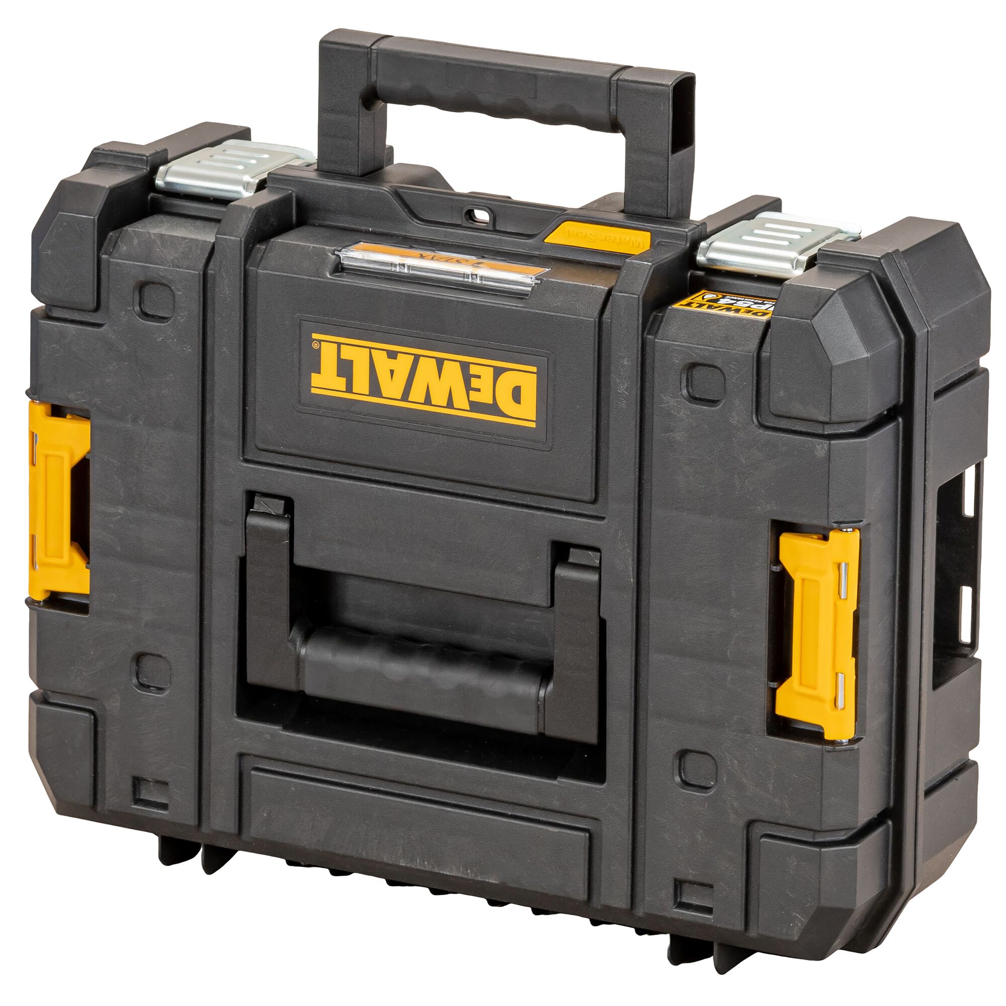 A black plastic DEWALT toolbox with yellow latches, sturdy handles on the top and front, and reinforced corners. The product features metal clips on the top for secure closure.
