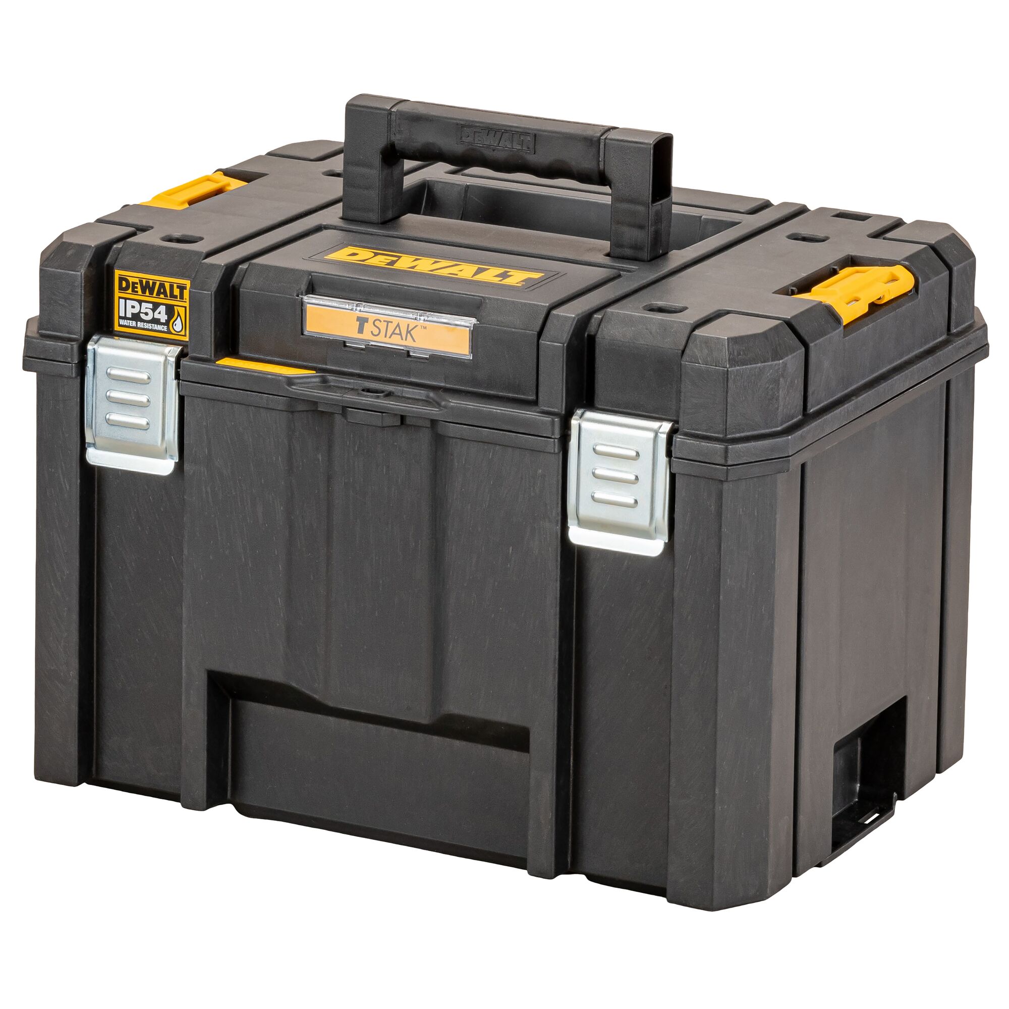 A black DEWALT TSTAK tool storage box with a top carry handle, yellow accents, and silver metal latches. The box features a label indicating IP54 water resistance.