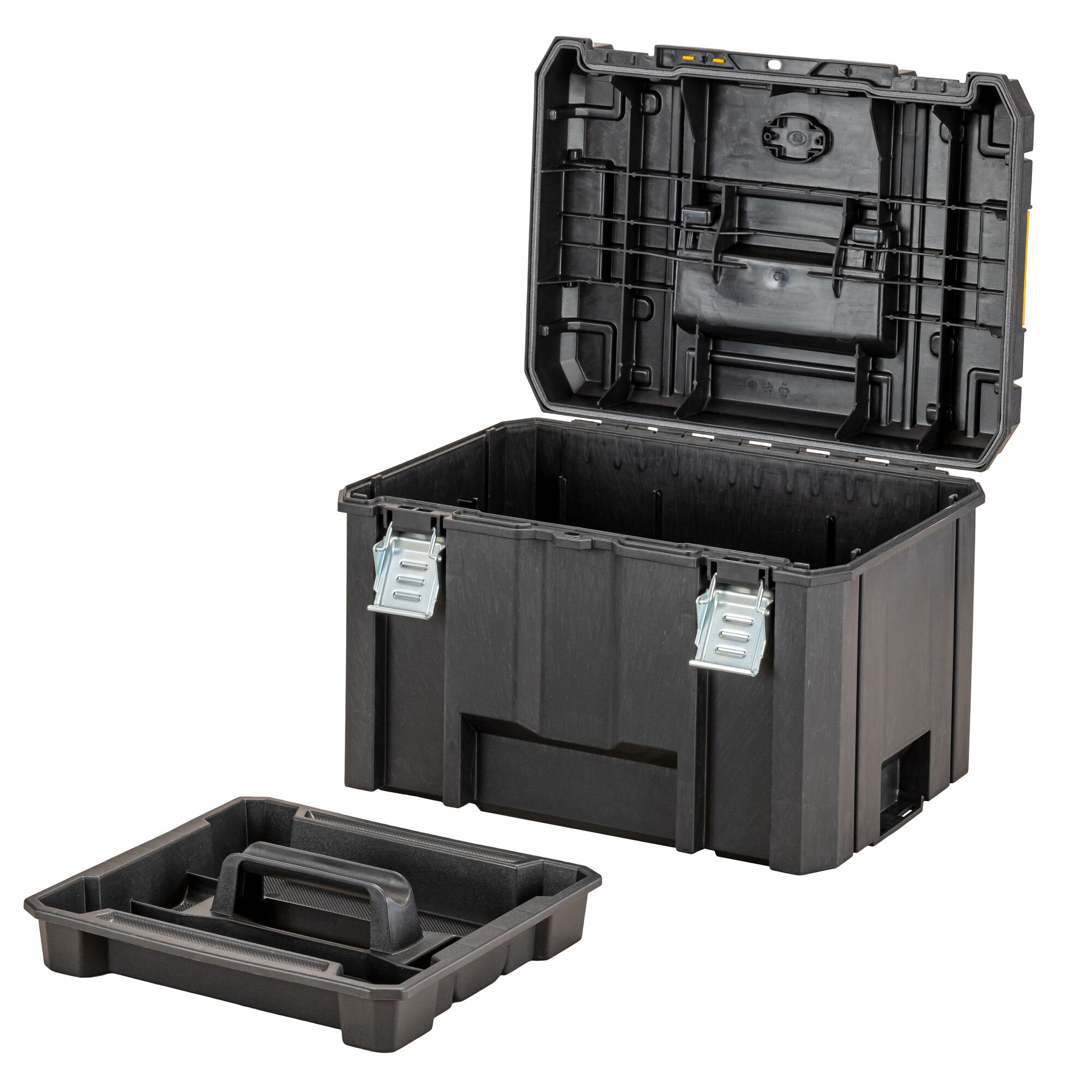 Open black DEWALT tool box with metal clips and removable tray shown in front.