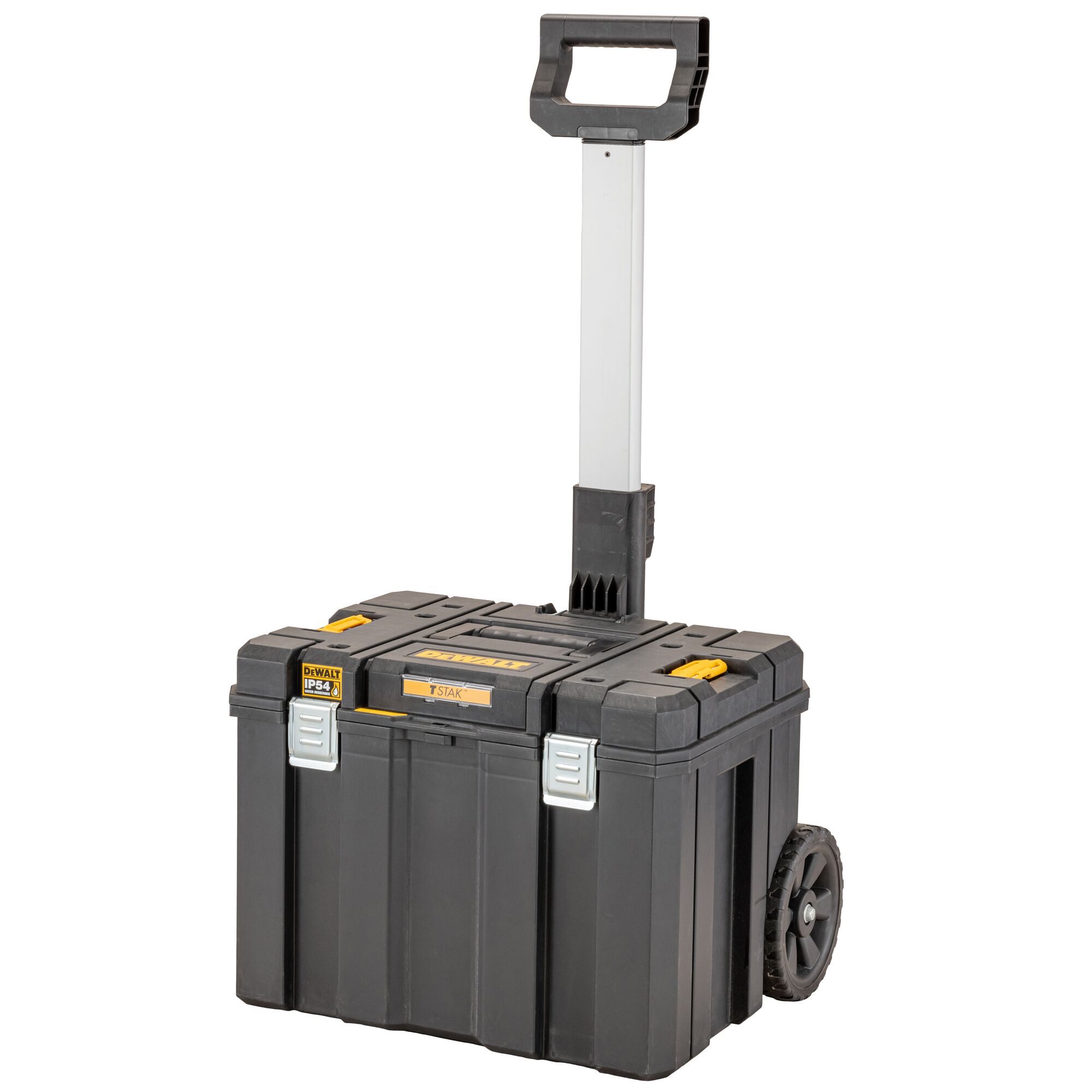 A black DEWALT wheeled tool box with a telescopic handle, featuring yellow accents and secure metal latches. The tool box is designed for portability and convenient storage of tools.